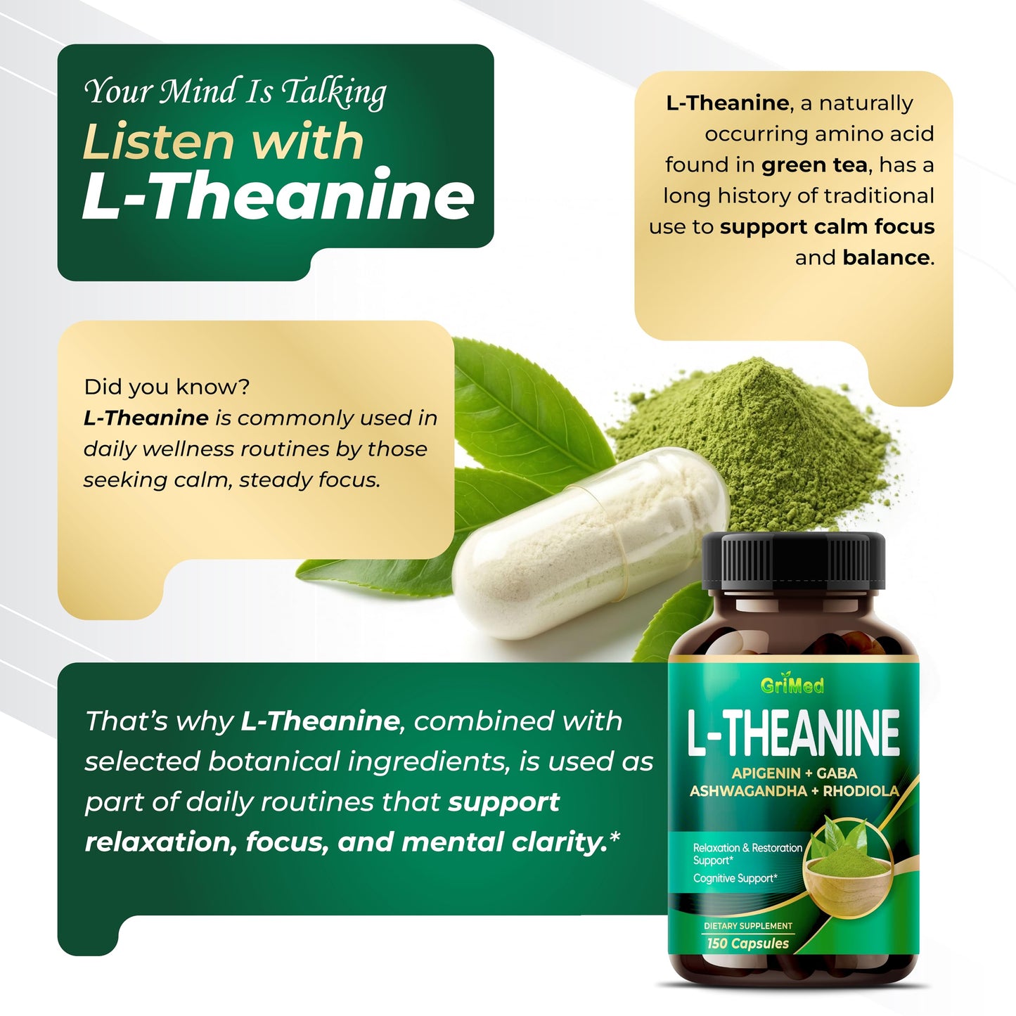 GriMed L-Theanine Capsules with Apigenin, GABA, Ashwagandha, Rhodiola, Lemon Balm & Black Pepper, Relaxation and Focus Support, 150 Count