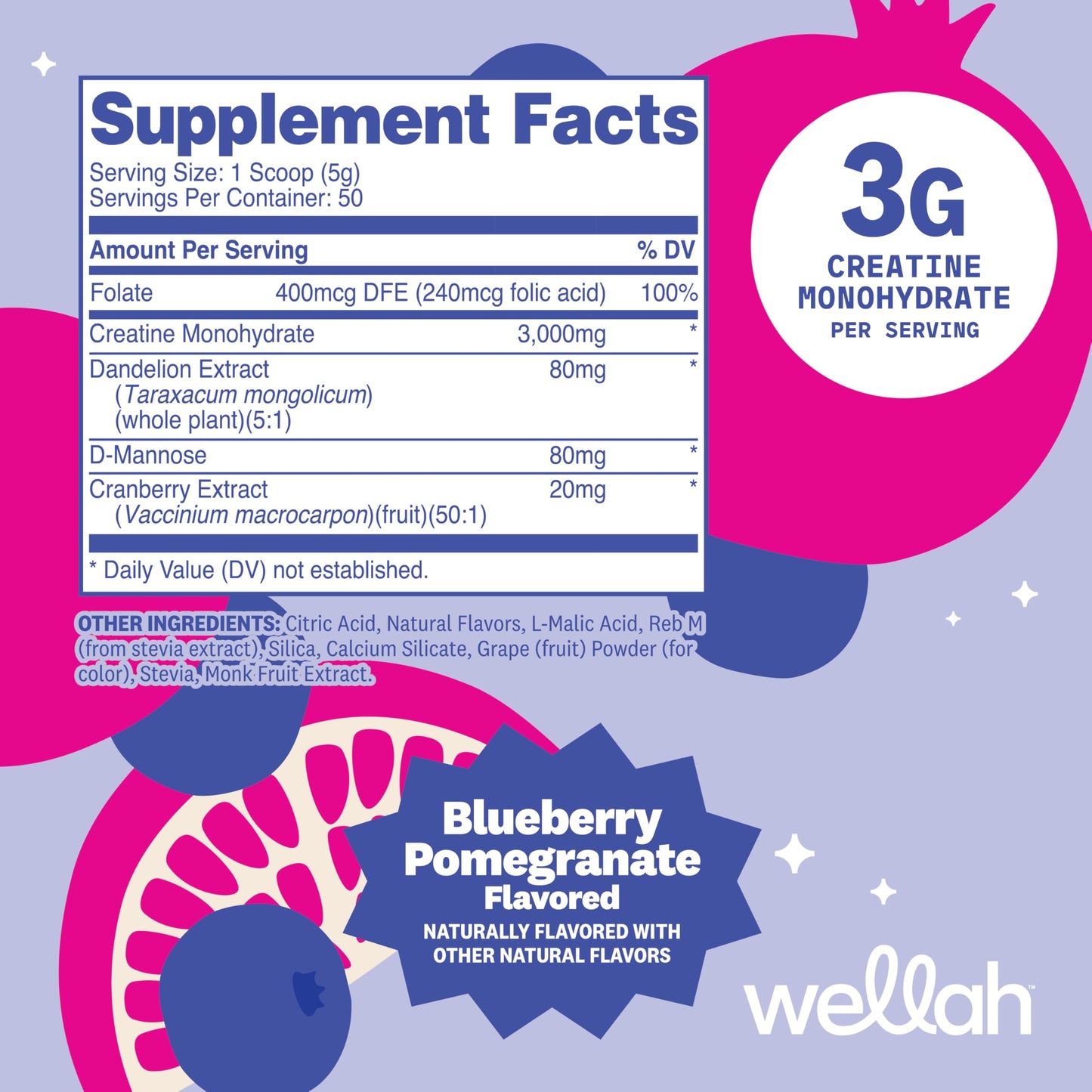 Wellah Creatine for Women - Creatine Monohydrate with Dandelion & Cranberry Extract Powder, 50 Servings
