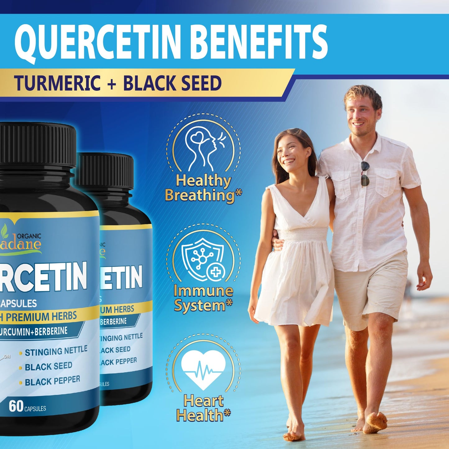 Organic Cadane Quercetin Supplements Capsules, 6in1 with Turmeric, Berberine, Stinging Nettle, Black Seed, Black Pepper, 120 Capsules