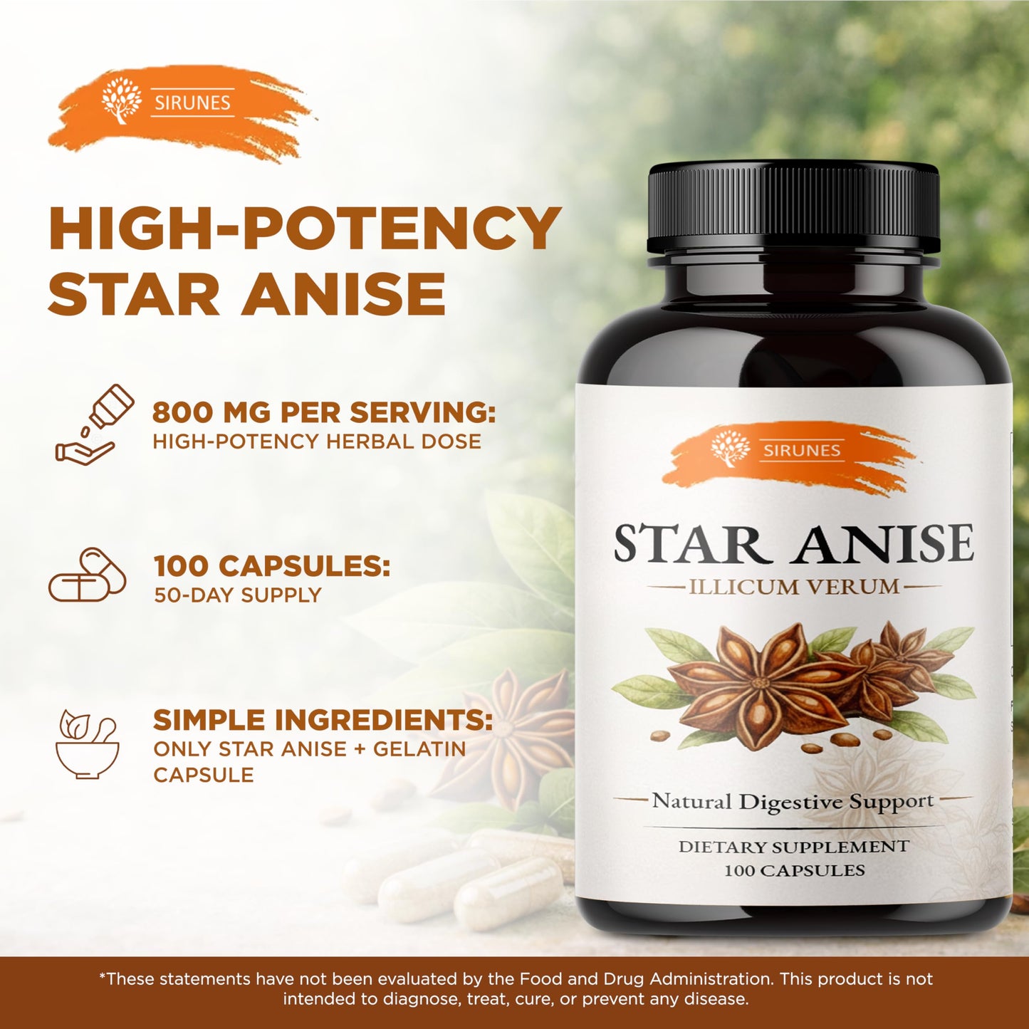 SIRUNES Star Anise Capsules, 100 Count