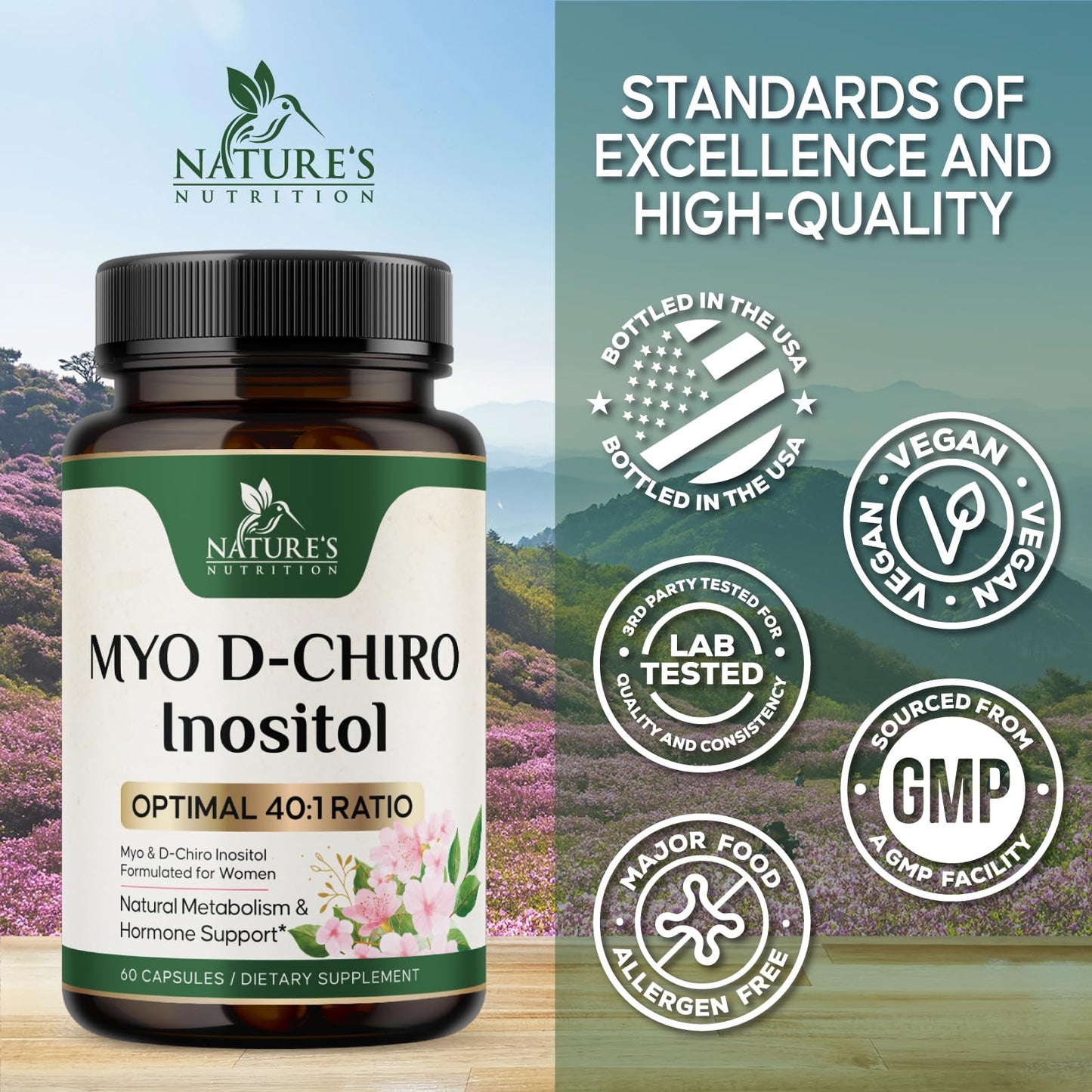 Nature's Nutrition Myo-Inositol 2000mg Per Serving with D-Chiro 60 Capsules