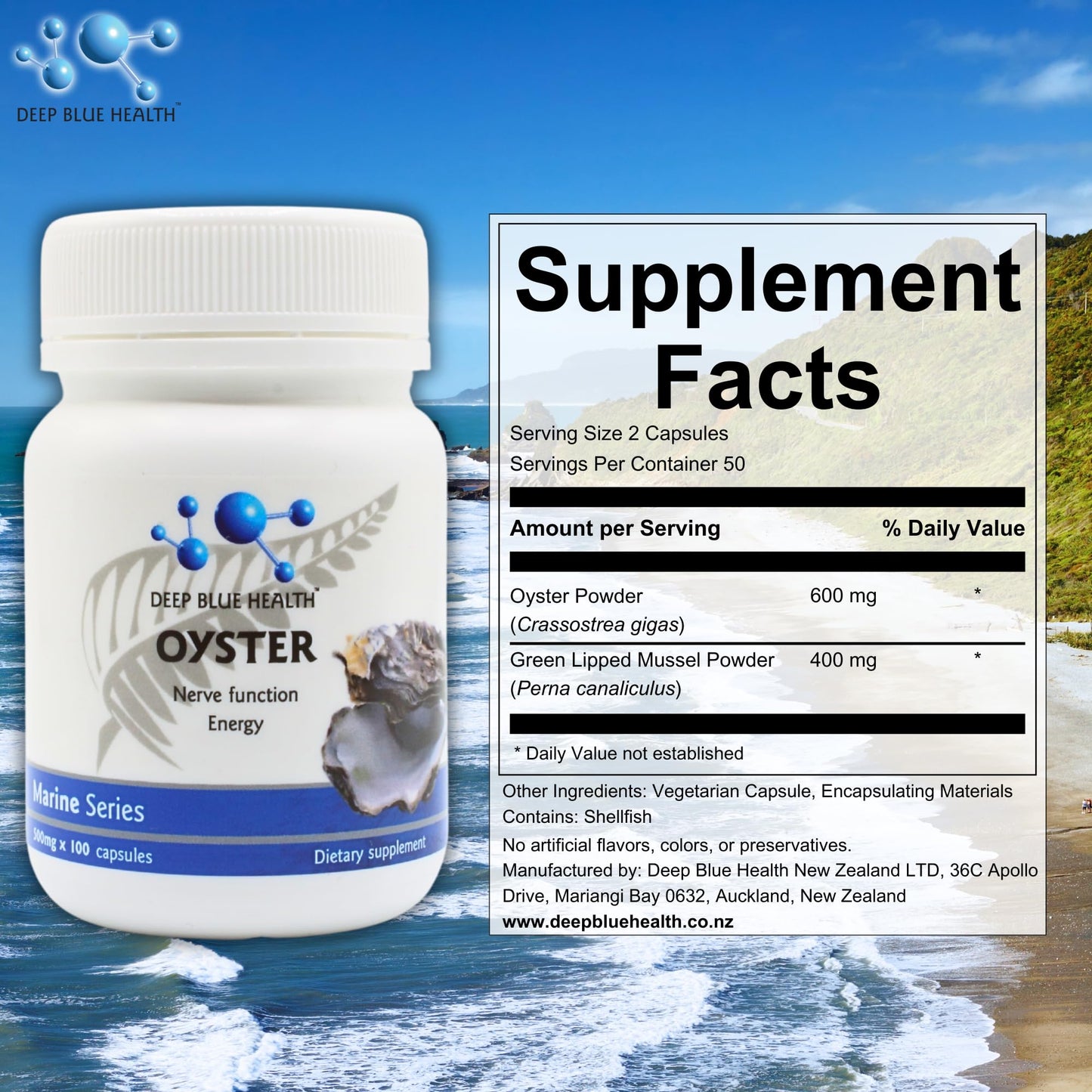 Deep Blue Health New Zealand Oyster Extract Powder Zinc Supplement Capsules 100 Count