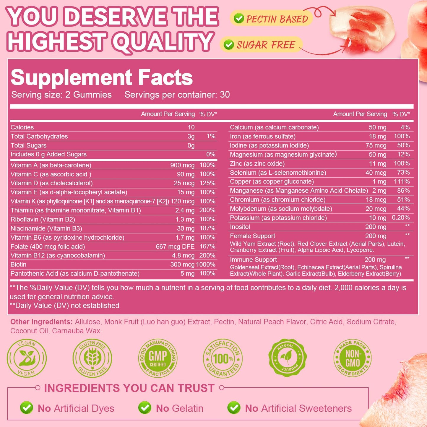 Totaria Sugar Free Multivitamin Gummies for Women 14+ with Iron, Inositol, Folate, Biotin, Vitamins A, C, B, D3, K2, Peach Flavor - 60 Gummies
