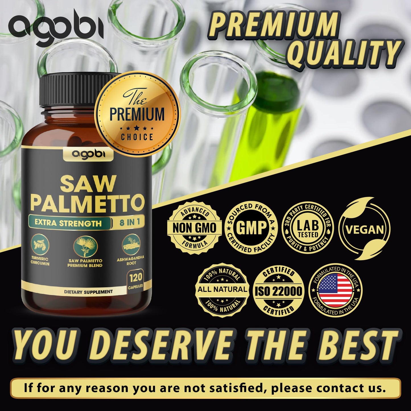 agobi 8in1 Saw Palmetto Prostate Support Supplement with Ashwagandha, Turmeric, Ginger, Nettle Leaf, Holy Basil & More Capsules 120