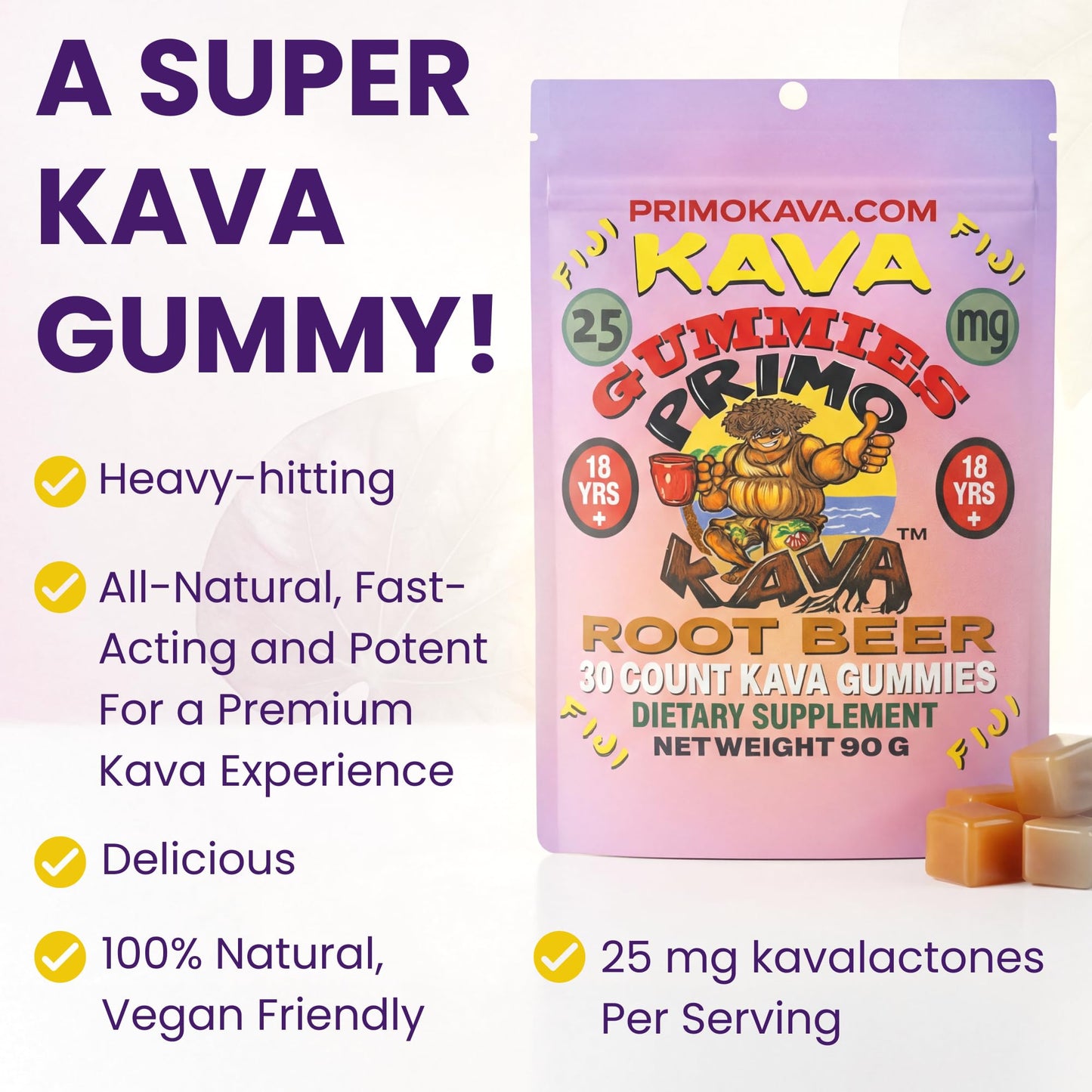 PRIMO KAVA Kava Gummies 375mg, 30 Count