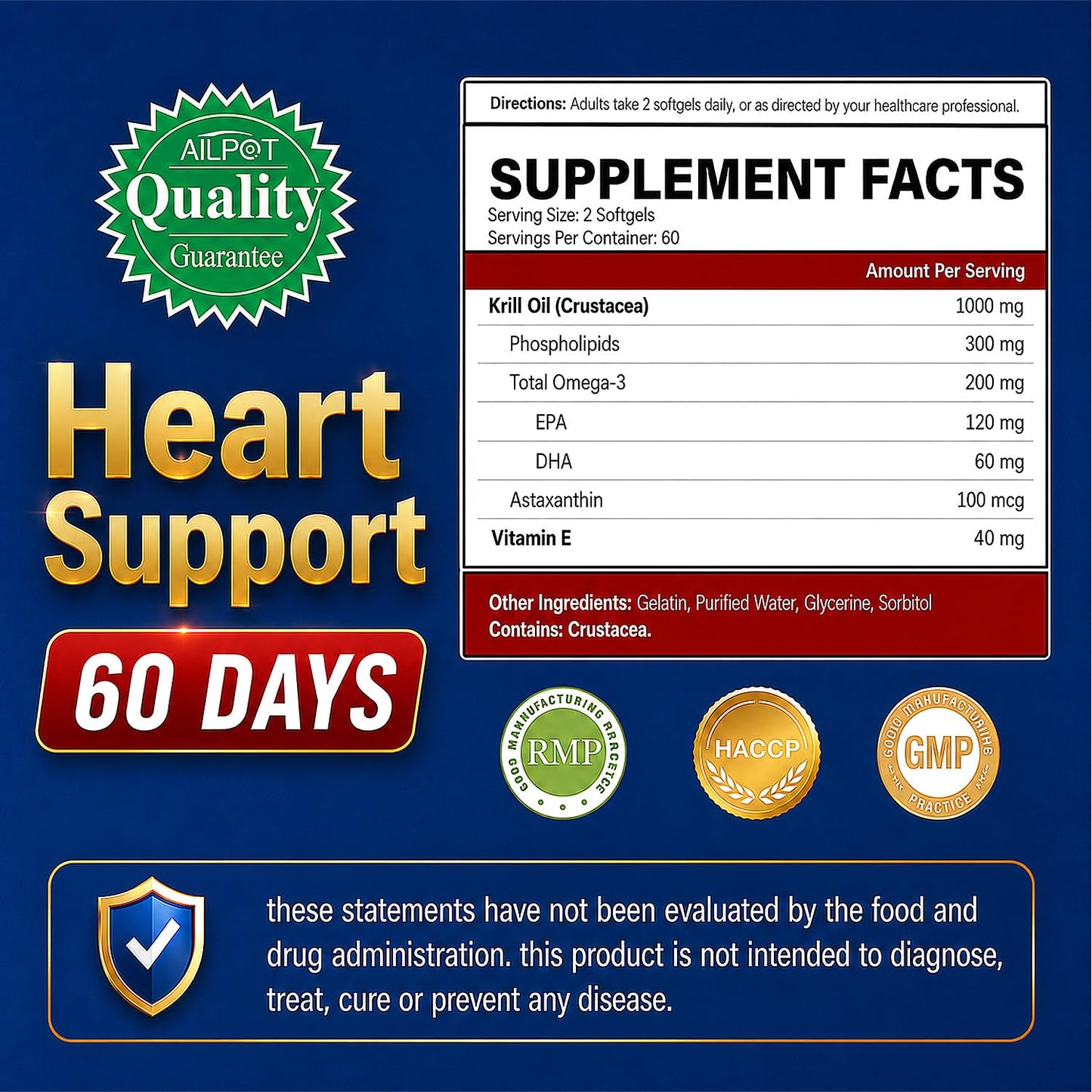 AILPOT Antarctic Krill Oil 1000mg Omega-3 Supplement with EPA, DHA High Absorption Softgel, 120 Count