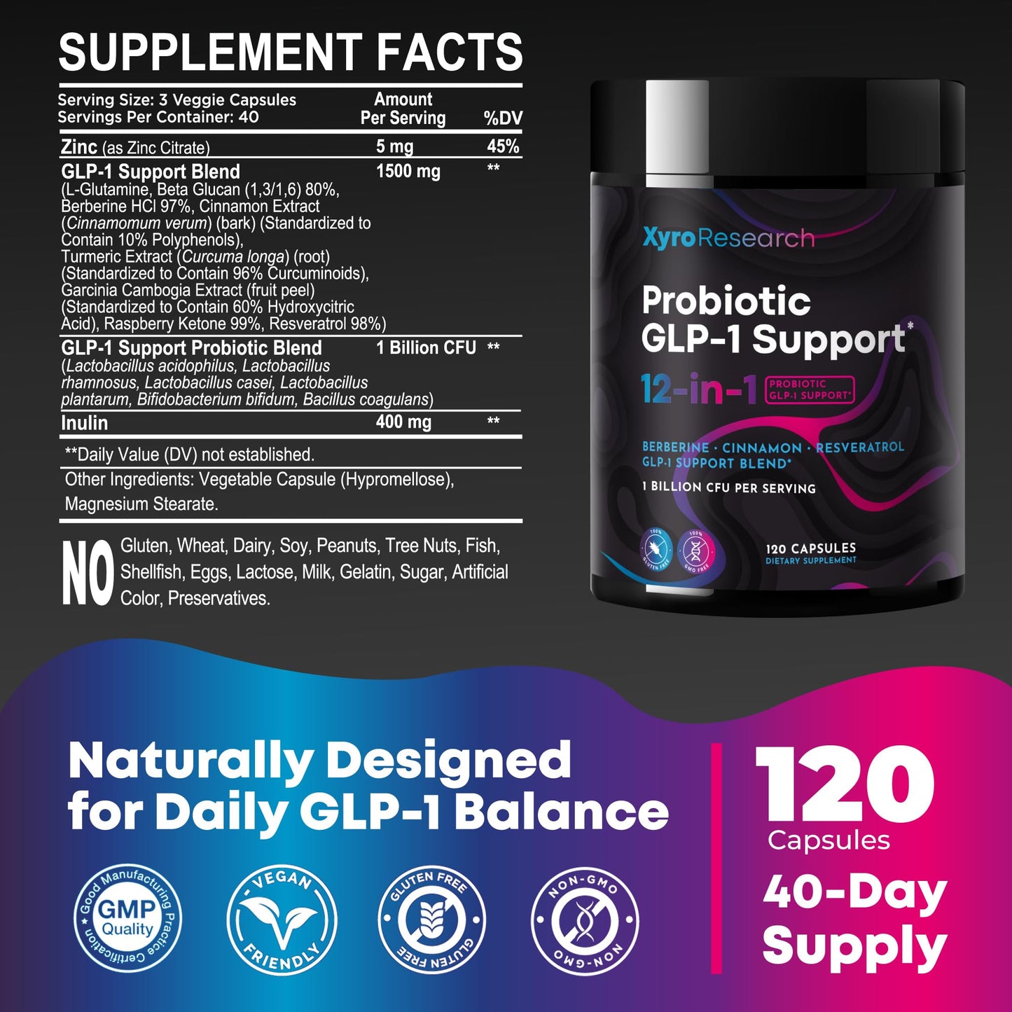 Xyro Research GLP-1 Support Probiotic Weight Loss Supplement with Berberine Capsule 120 Count