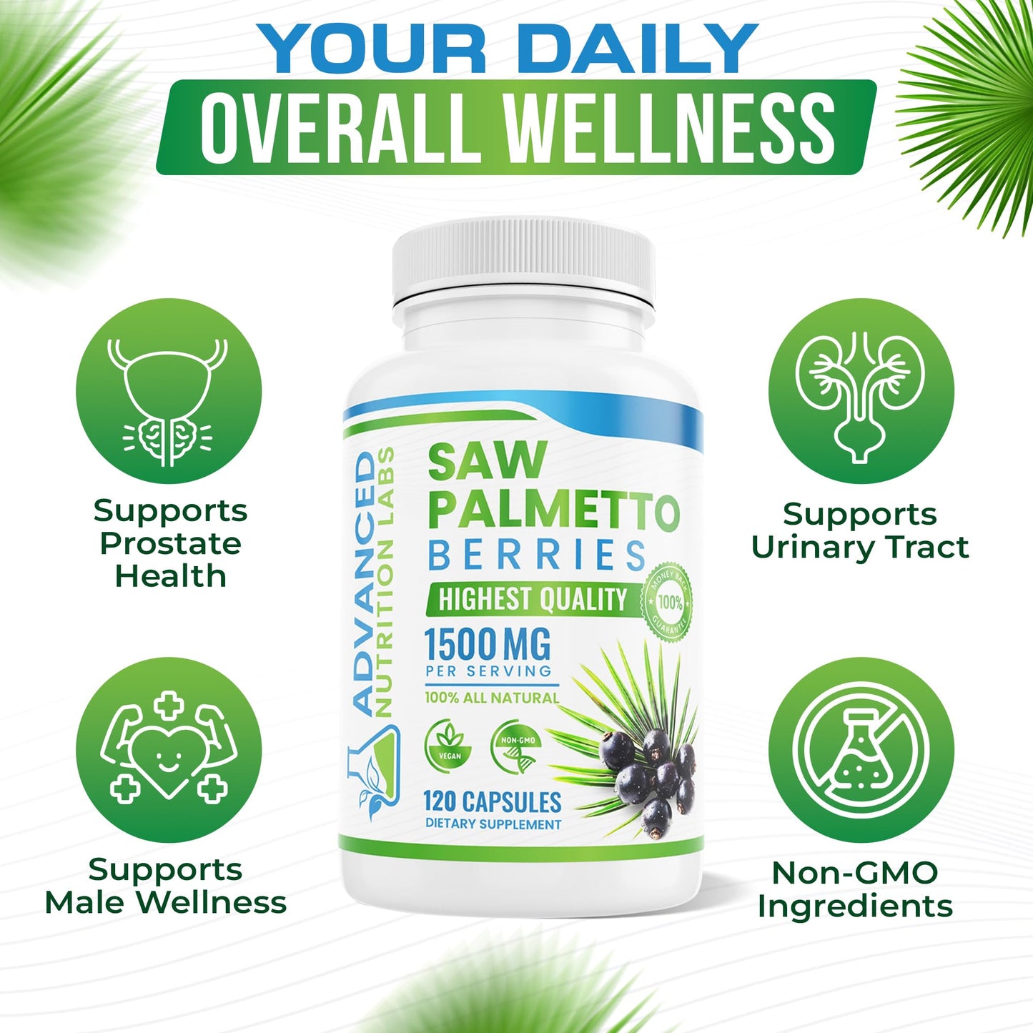 Advanced Nutrition Labs Saw Palmetto Berries & Extract 1500 mg Saw Palmetto Supplement for Men & Women - DHT Blocker for Hair Growth, Prostate Support & Urinary Health, Capsule, 120 Count