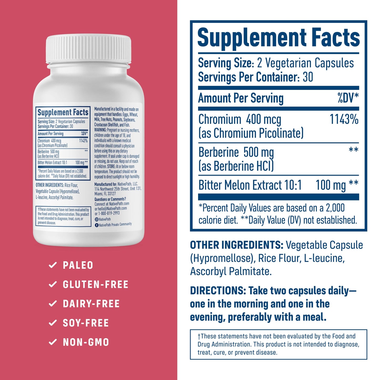 NativePath Native Berberine HCl 3-in-1 Complex with Chromium & Bitter Melon Extract 500mg Capsules, 60 Count