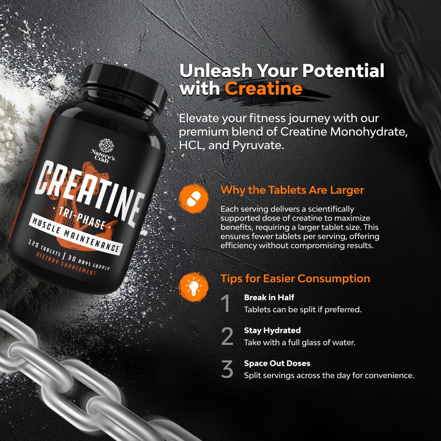 Natures Craft Creatine Tablets 5g - Creatine Monohydrate, Creatine HCL & Pyruvate, 120 Tablets