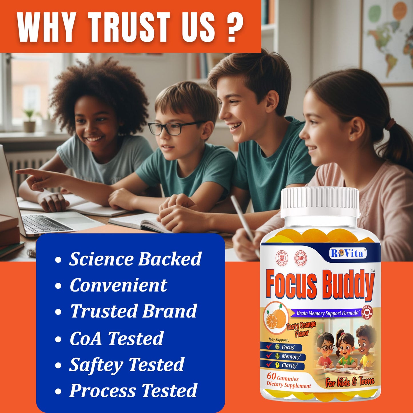 ROVita Focus Buddy Kids Focus and Attention Supplements Gummy, 60 Gummies