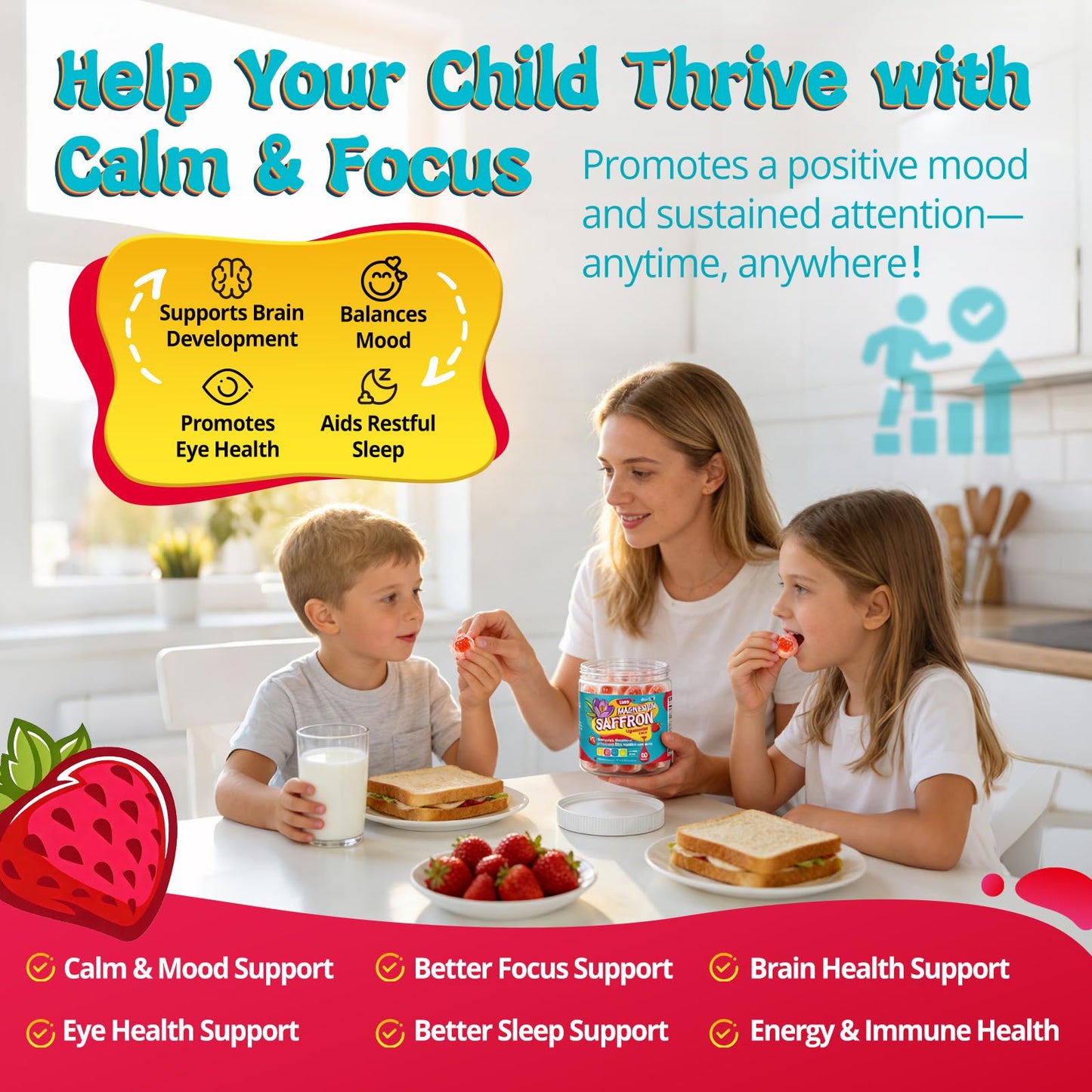 duwhot Saffron for Kids Gummies Sugar Free Saffron 30mg + Magnesium Supplement, Gummy, 60