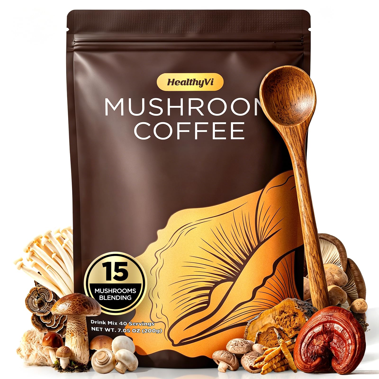 HealthyVi Mushroom Coffee with 15 Natural Mushrooms Powder, 7.05 oz