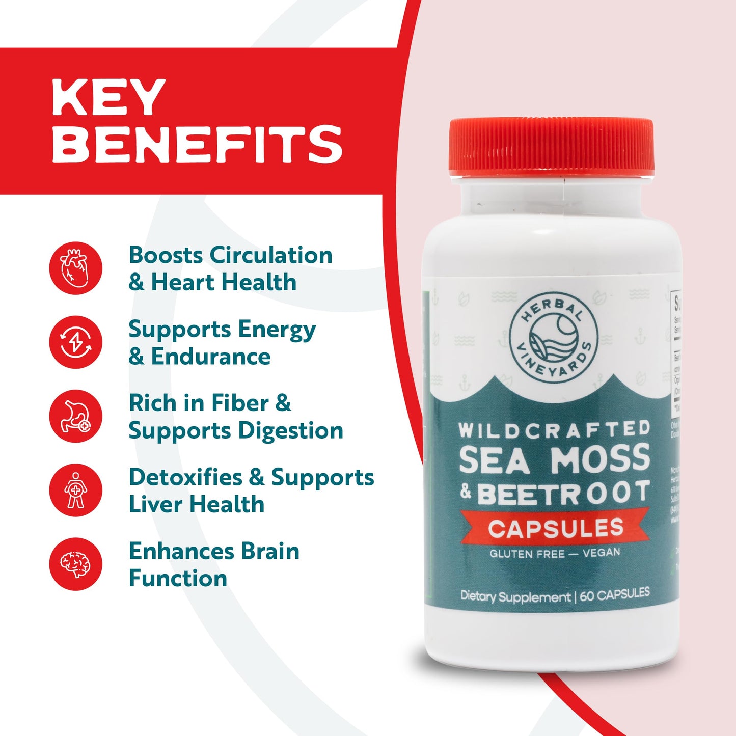 Herbal Vineyards Wildcrafted Irish Sea Moss Capsules with Beetroot, Vegan, 60 Capsules