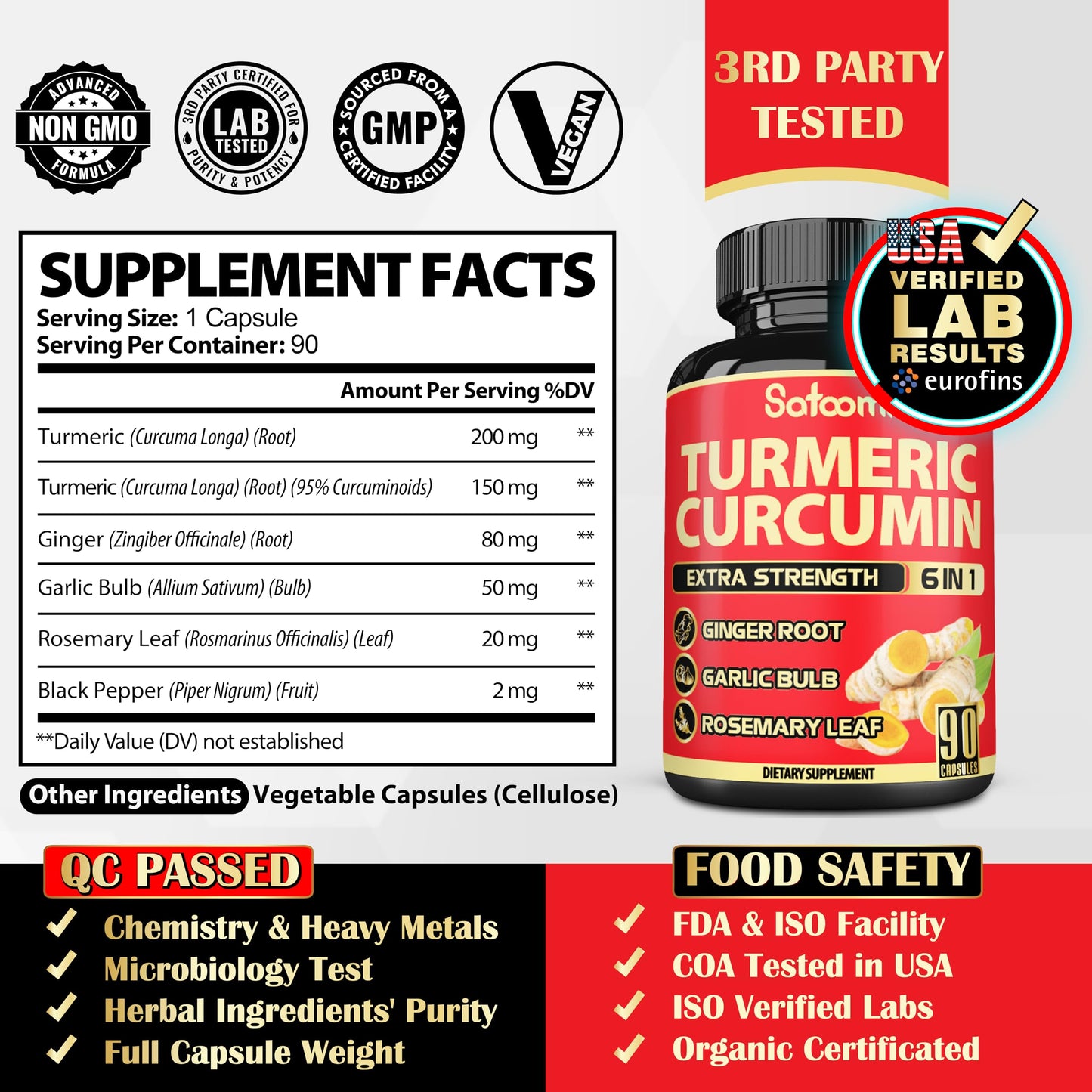 Satoomi 6in1 Turmeric Curcumin Supplement Capsules, 90 Capsules