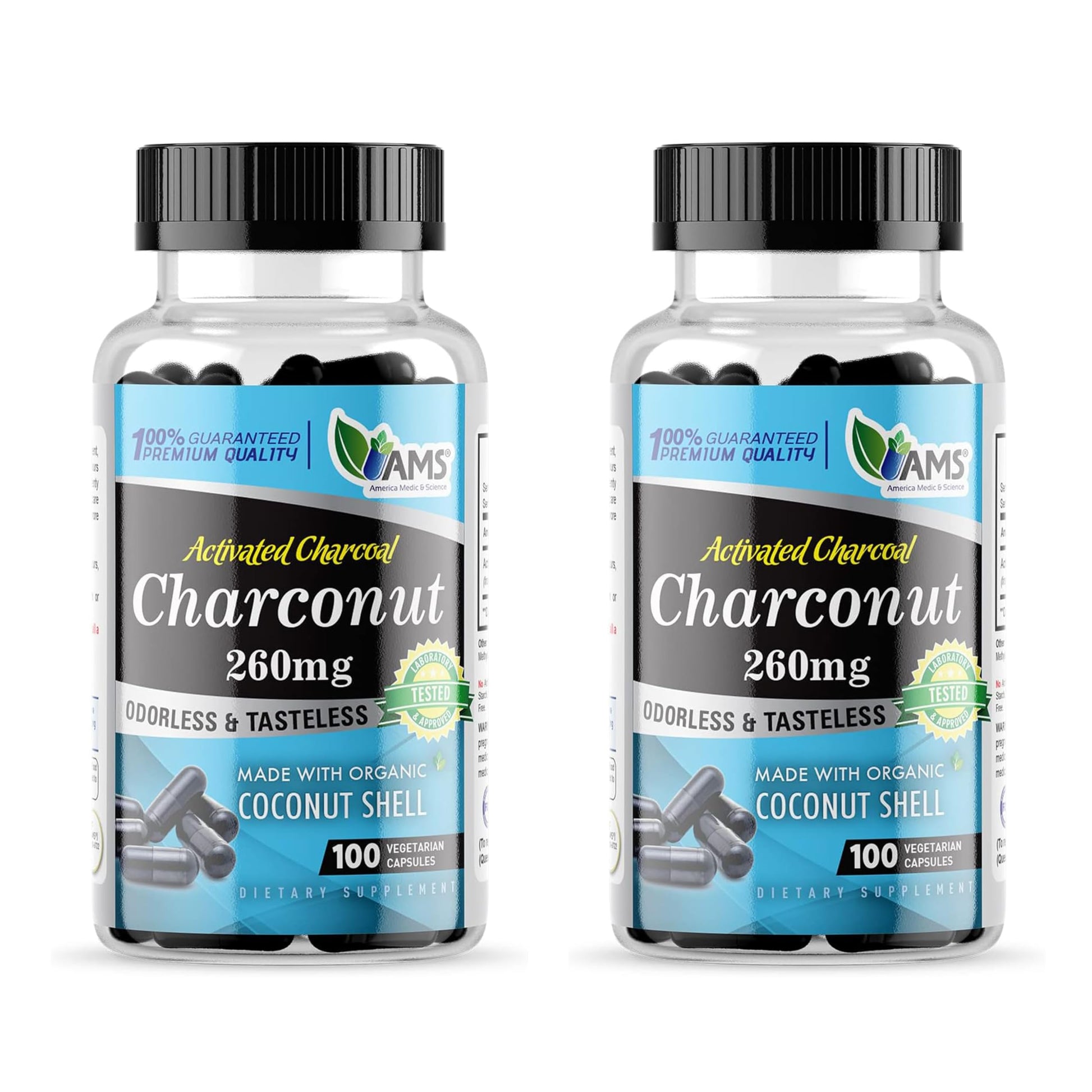 America Medic & Science Charconut 260mg Activated Charcoal Capsules, 200 Capsules
