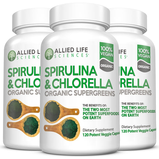 Allied Life Sciences Spirulina and Chlorella Organic Chlorophyll Vegan Protein Powder Green Superfood, 3-Pack