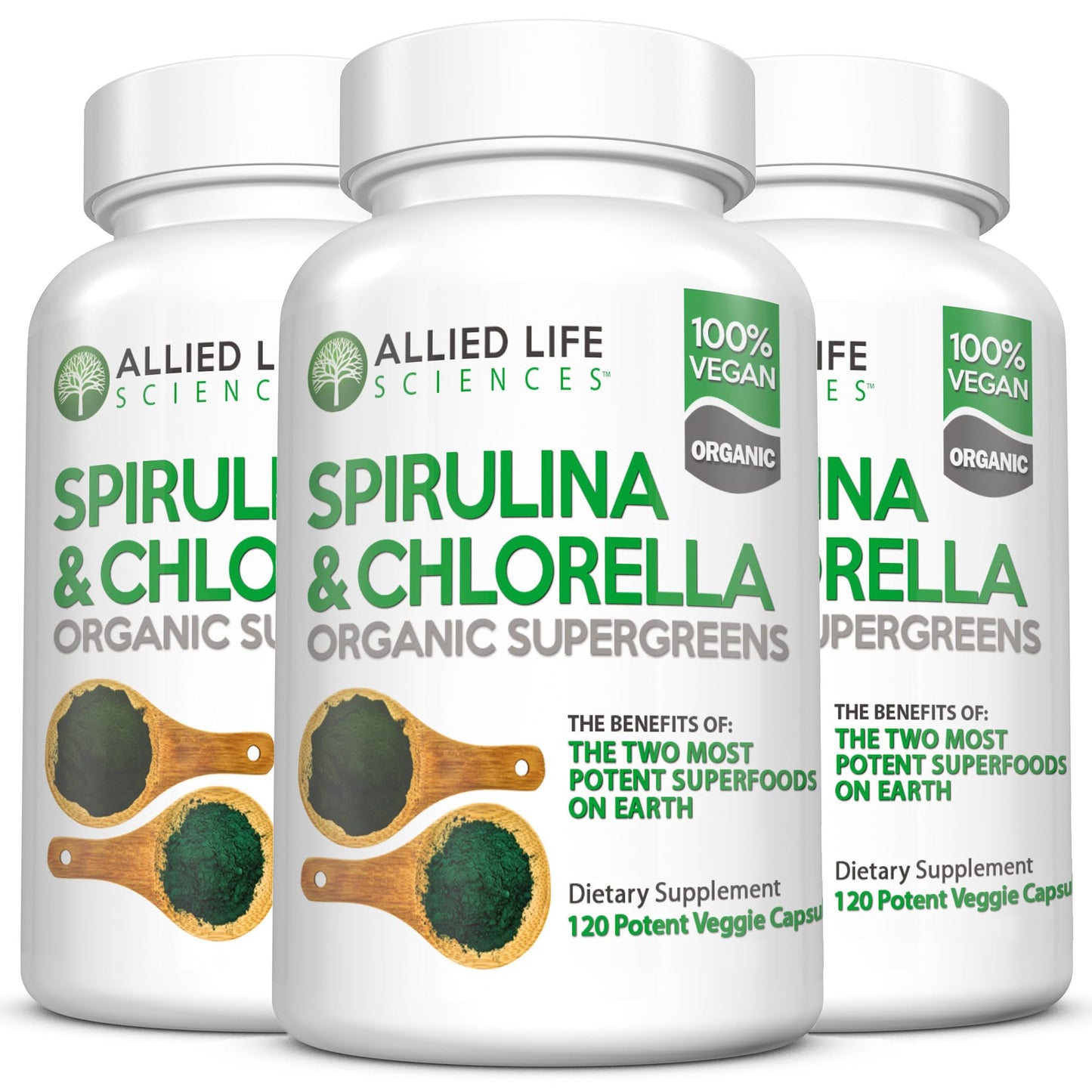 Allied Life Sciences Spirulina and Chlorella Organic Chlorophyll Vegan Protein Powder Green Superfood Capsules 120