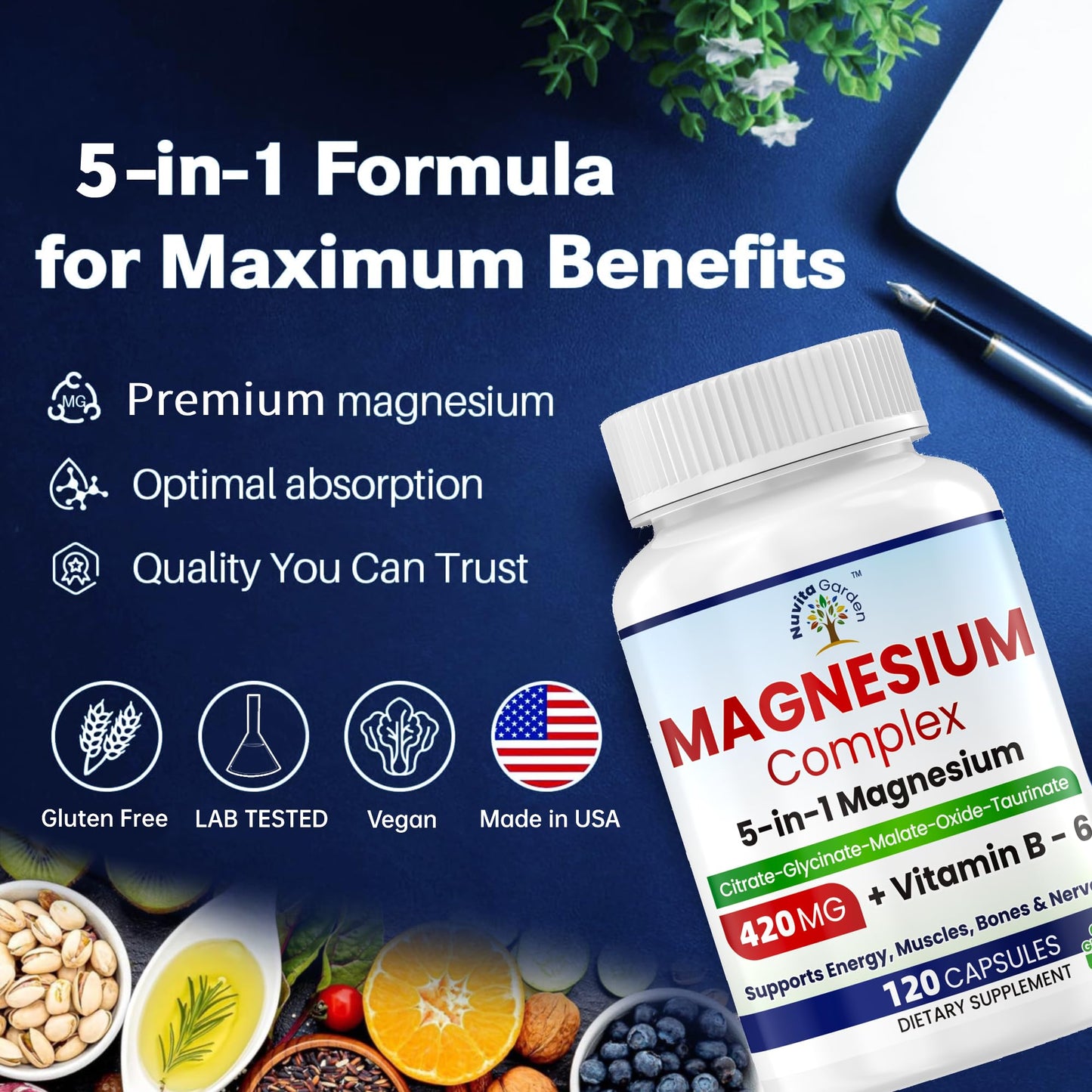 NoMiLu Magnesium Complex 420mg 5-in-1 Magnesium Supplement with Glycinate, Citrate, Malate, Oxide, Taurinate + 30mg Vitamin B6, 120 Capsules