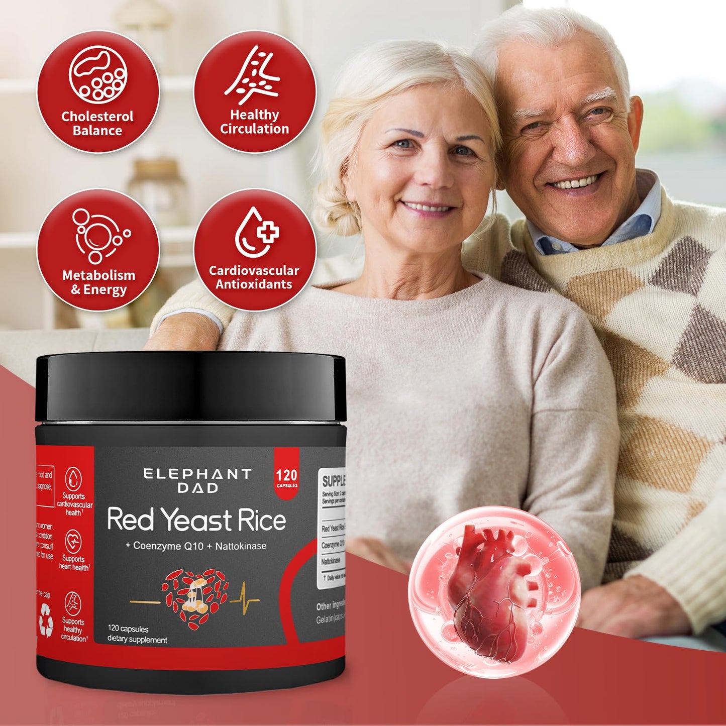 Elephant dad Red Yeast Rice 1200mg with Nattokinase & CoQ10, 120 Capsules