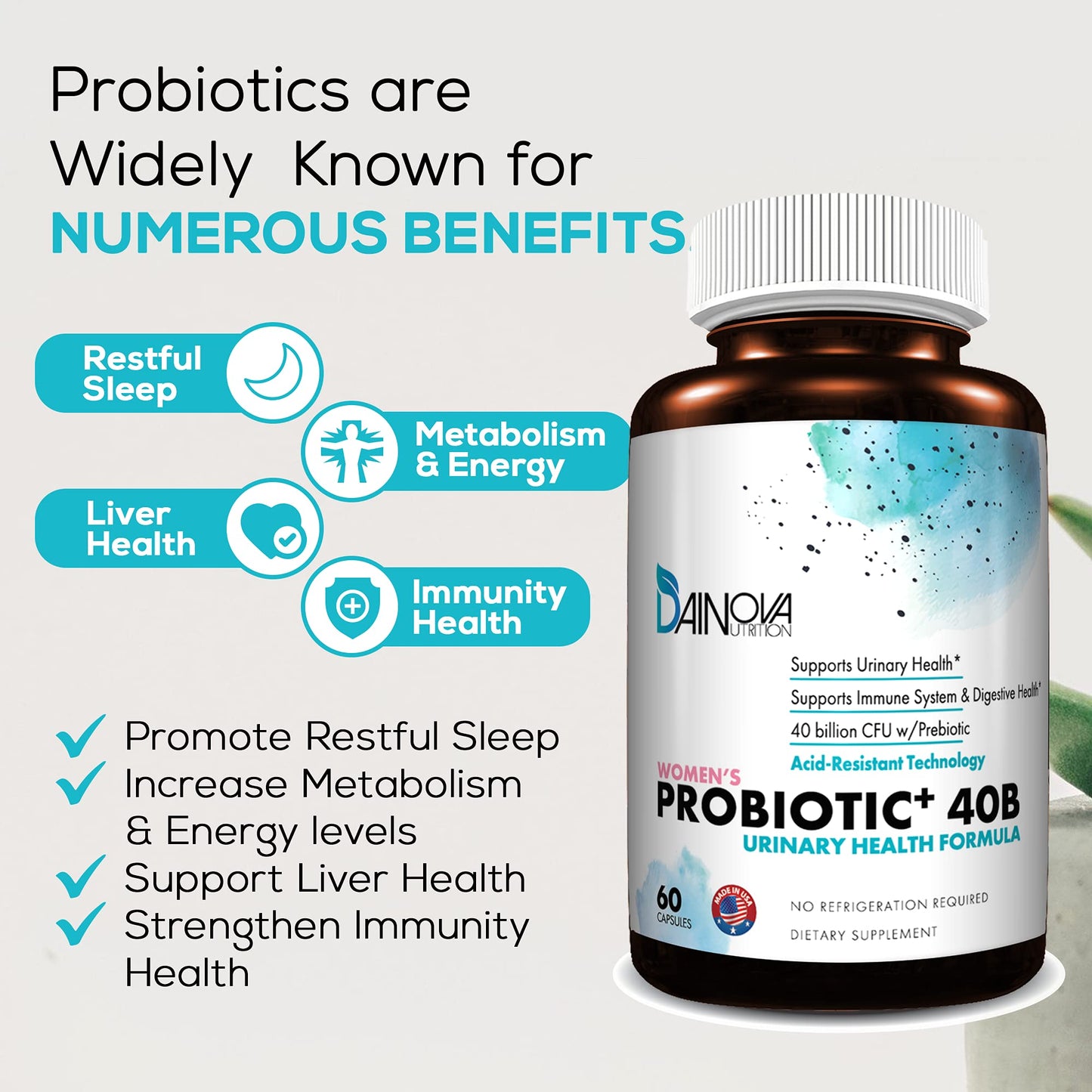 Dainova Nutrition Probiotics for Women Vaginal Health, Urinary Tract Health & Yeast Infection, 40 Billion CFU with Prebiotics, 60 Capsules