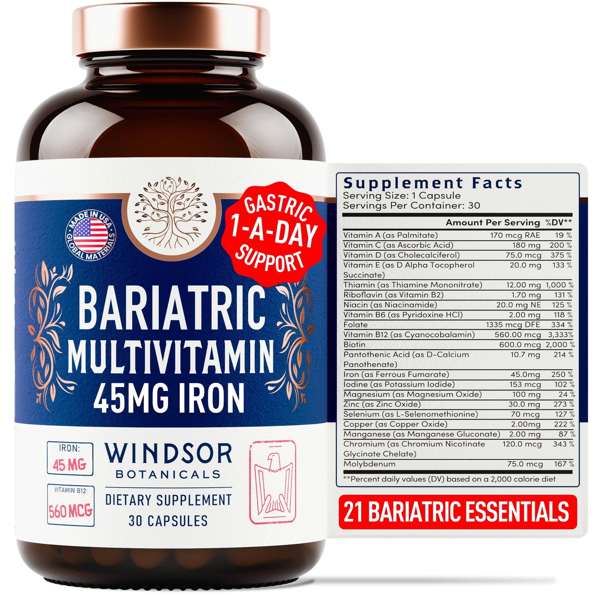 Windsor Botanicals Bariatric Multivitamin with Iron Capsule, 30 Count