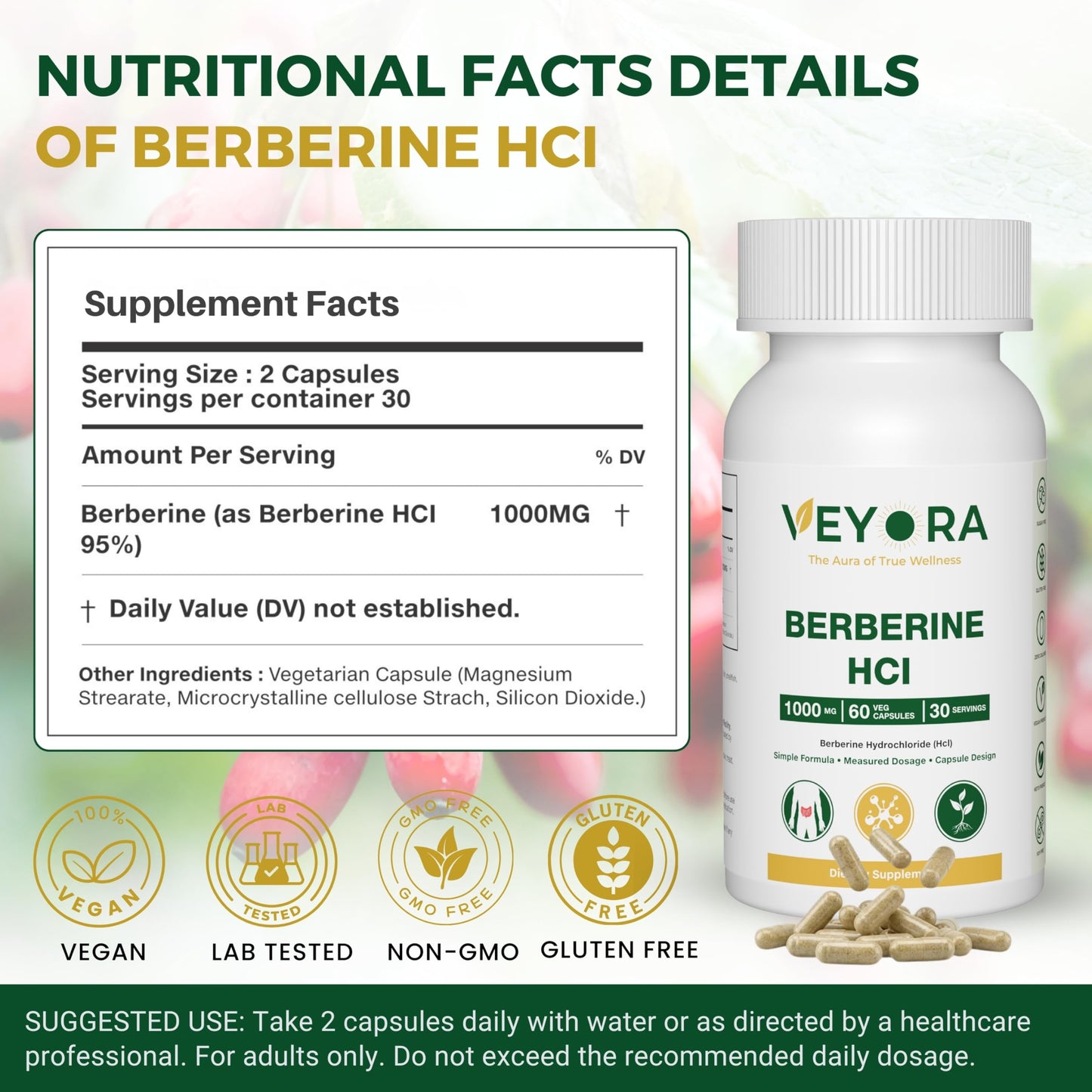 VEYORA Berberine HCl 1000 mg Capsules, 60 Count