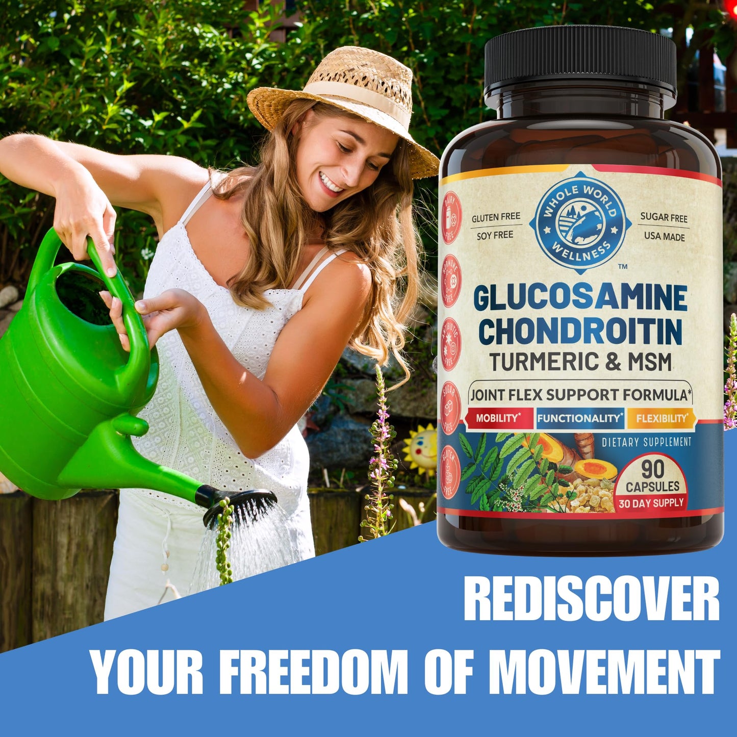 WHOLE WORLD WELLNESS Joint Support Supplement with Glucosamine Chondroitin MSM Turmeric Boswelia Capsules, 90 Count