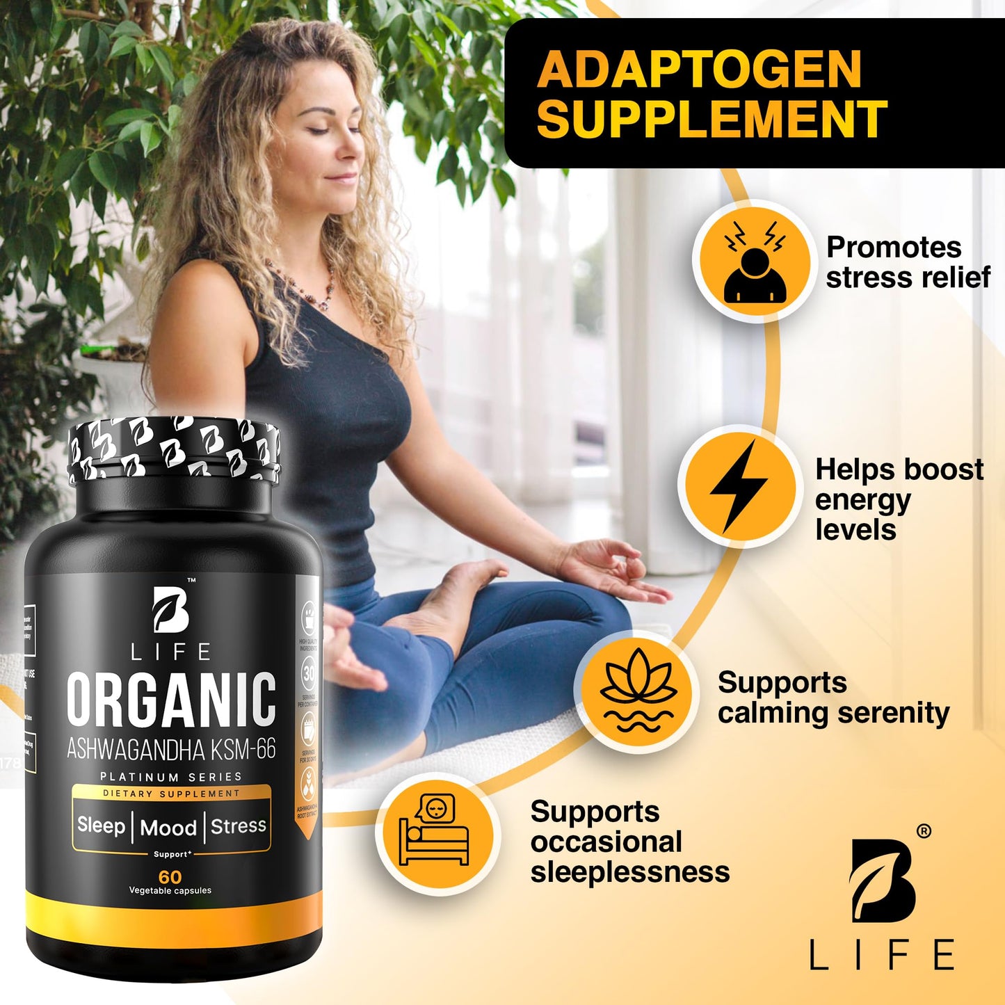 B Life Company Organic Ashwagandha KSM-66 1000 mg Capsule, 60 Count