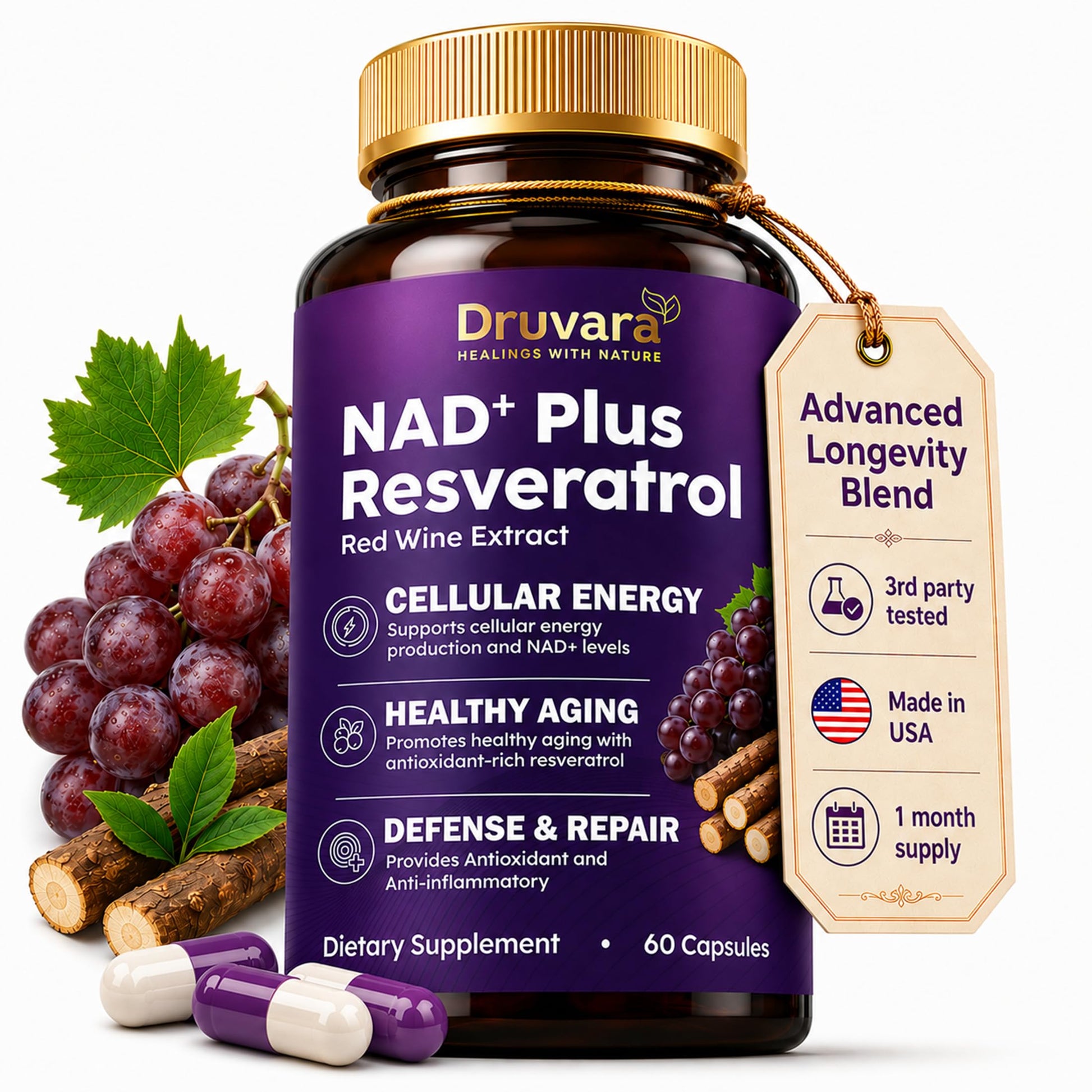 Druvara NAD Resveratrol Supplement Capsules with Red Wine Extract, 60 Count