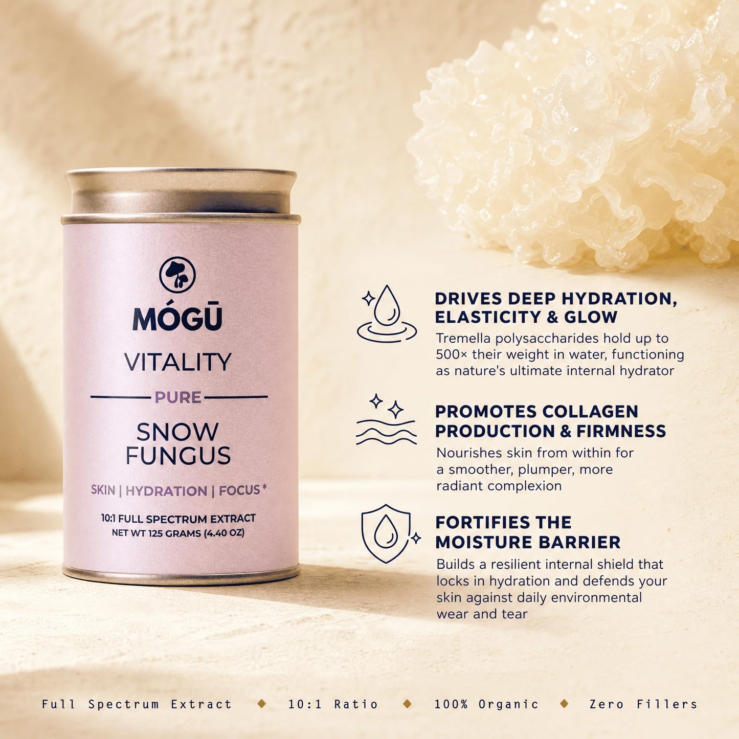 MÓGU MUSHROOMS Mógū Vitality Snow Fungus Tremella Fuciformis Organic Mushroom Powder, 2.65 oz