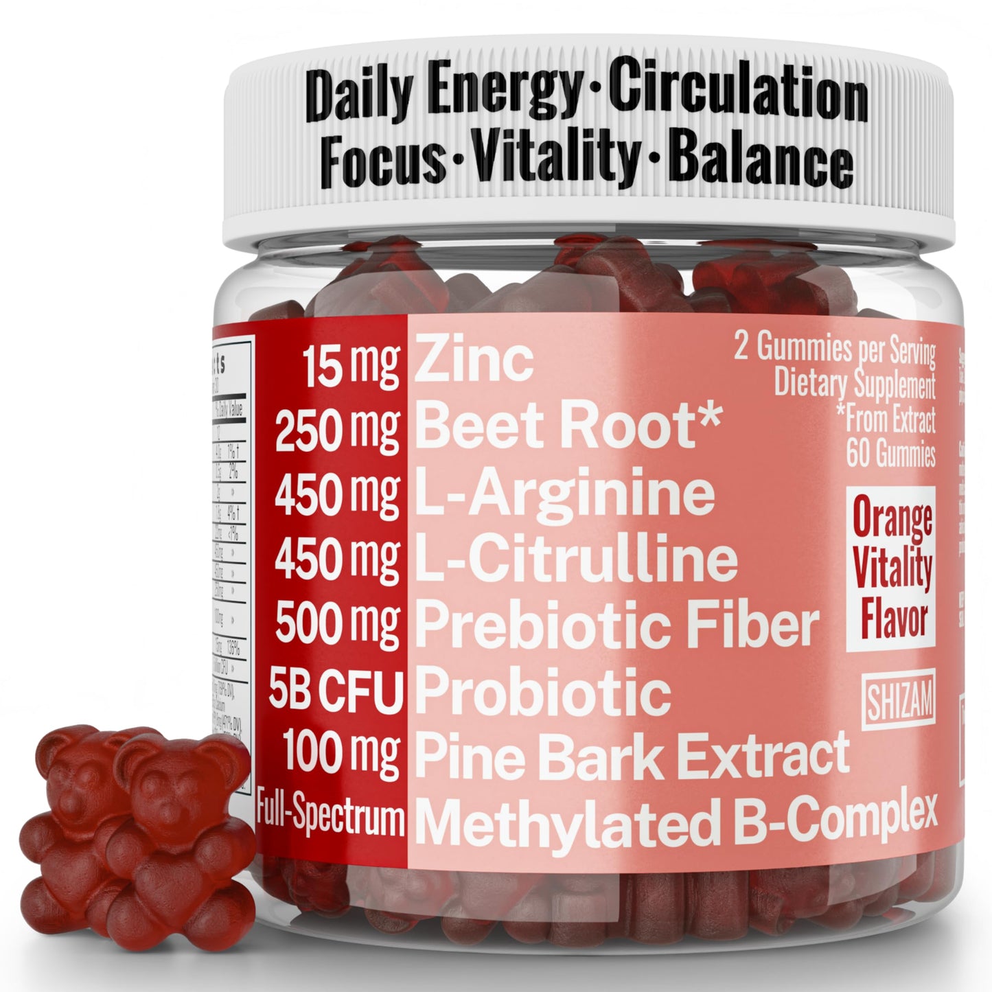 SHIZAM Pine Bark Extract L-Arginine L-Citrulline Beetroot Probiotic Fiber Methylated B Complex Zinc Gummies 60 Count