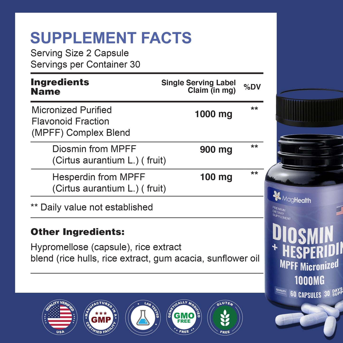 MagHealth Diosmin Hesperidin 1000mg MPFF Micronized Formula, 60 Capsules