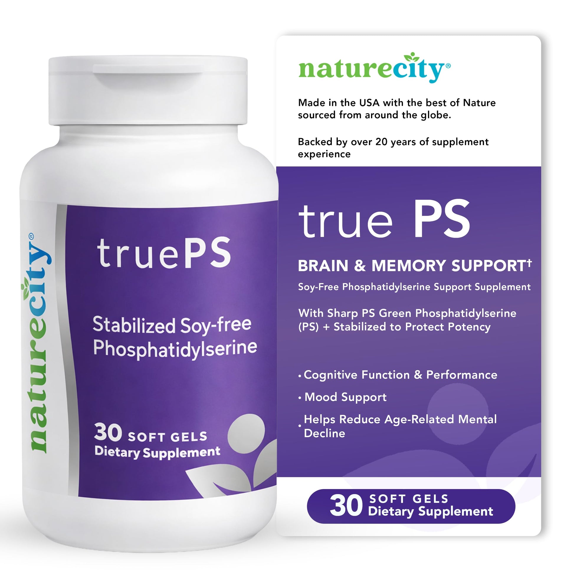 NatureCity True-PS Soy Free Stabilized Phosphatidylserine 100mg Softgels, 30 Count