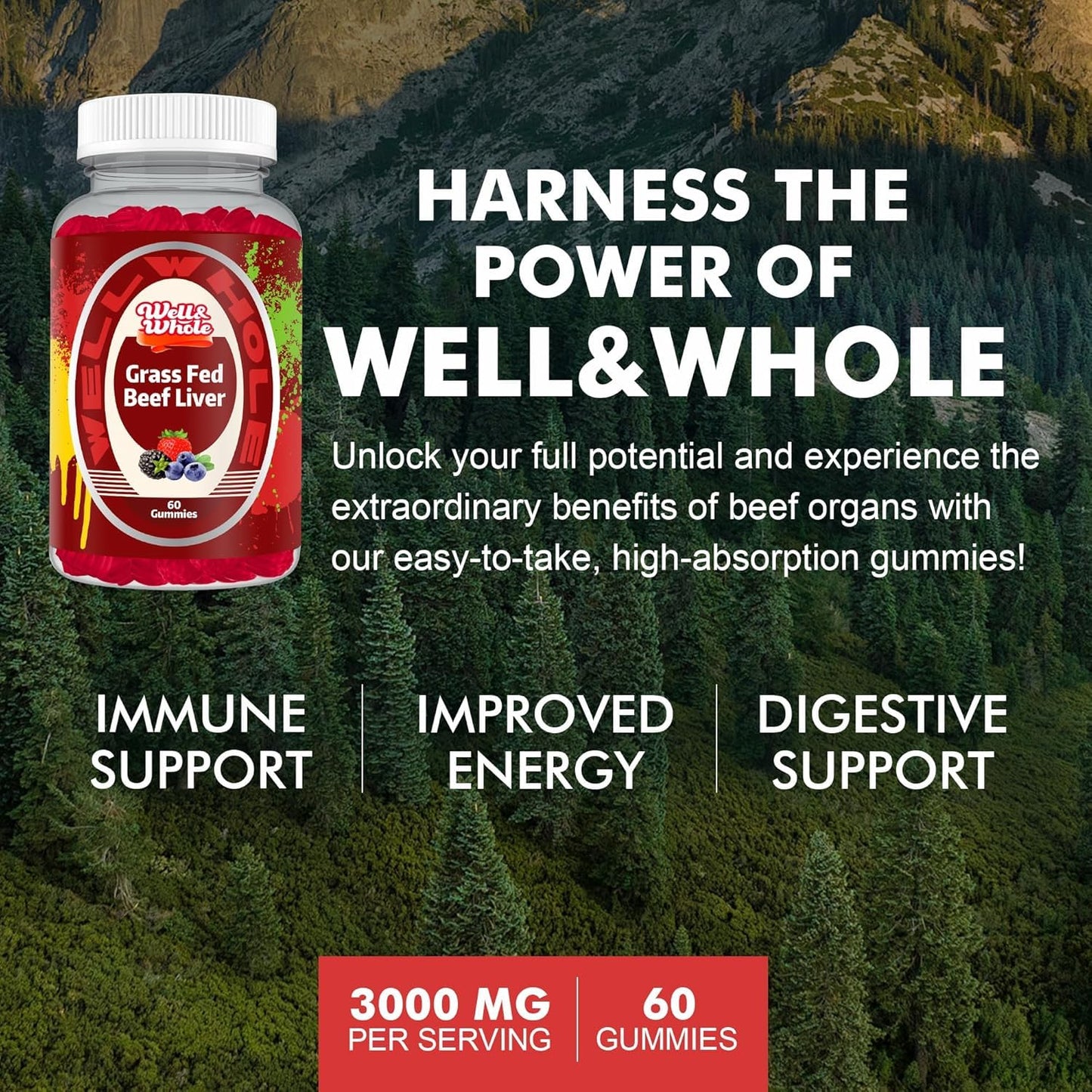 Well&Whole Grass Fed Beef Liver Gummies Chewable 120 Count