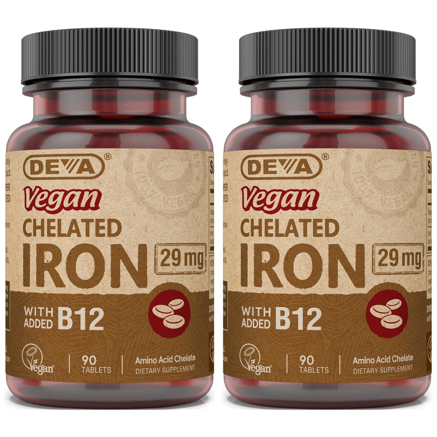 DEVA Vegan Chelated Iron 29 mg Fortified with B-12 - High Potency, Easy to Swallow, 180 Tablets