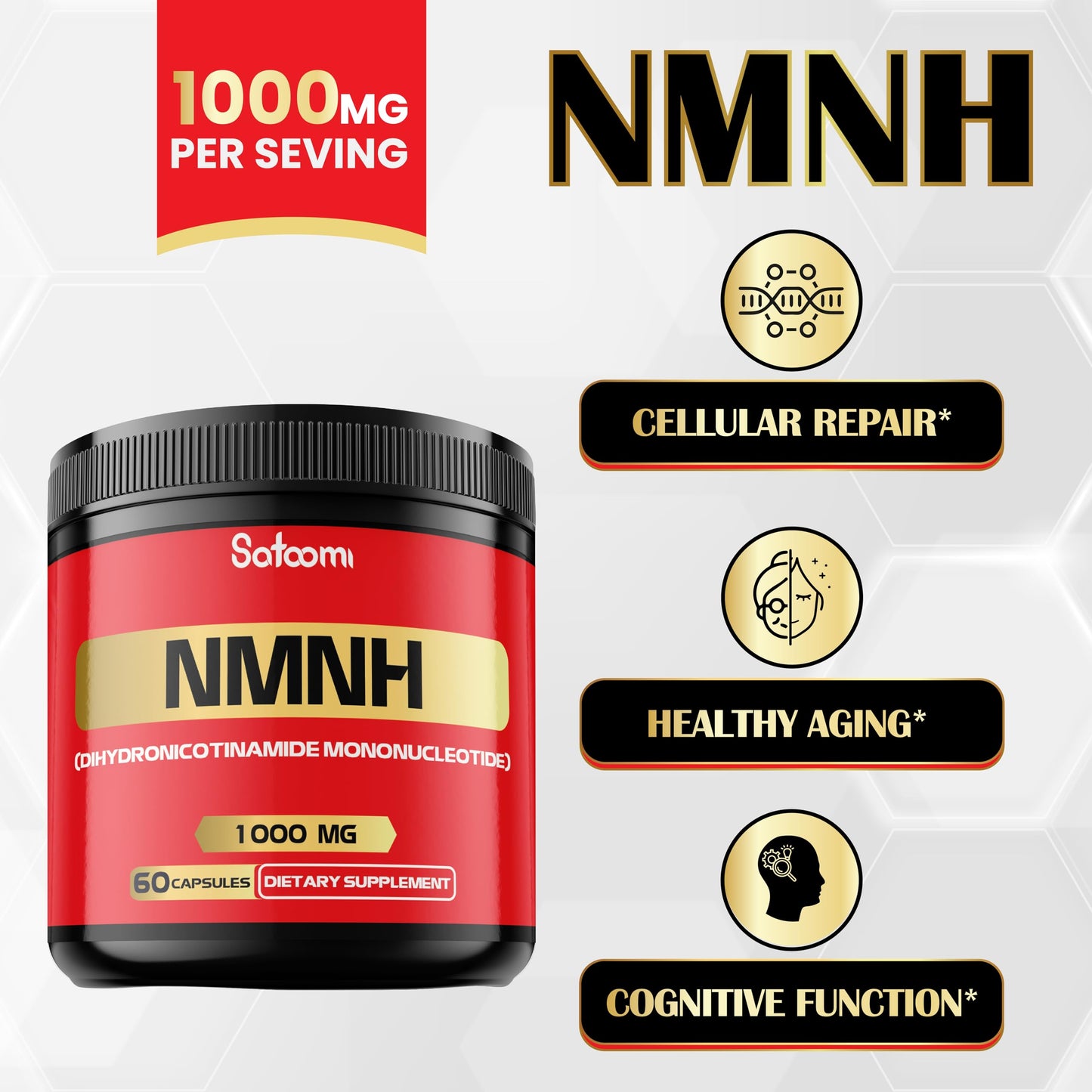 Satoomi NMNH (Dihydronicotinamide Mononucleotide) NMN Supplement Alternative - 1000mg per Serving NAD Support, 60 Capsules