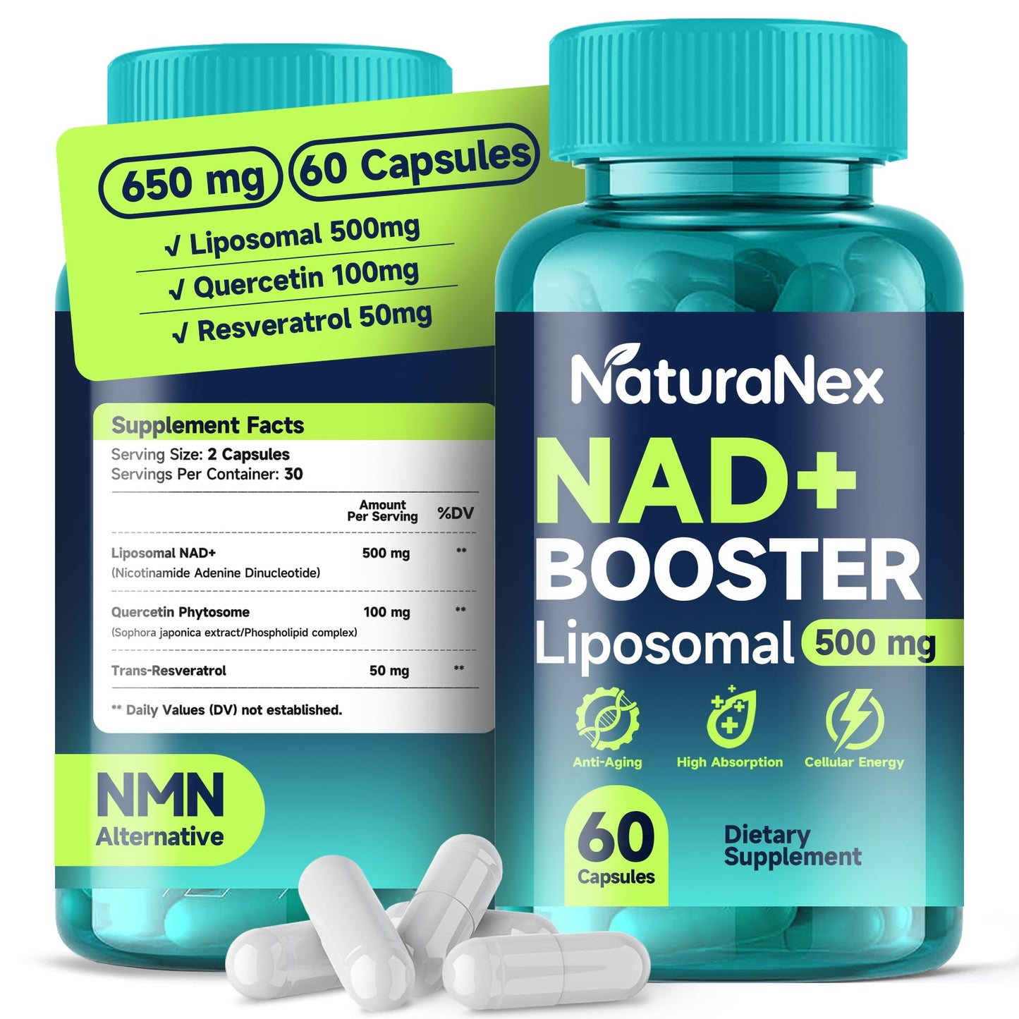NaturaNex Liposomal NAD+ Supplement 650mg, Resveratrol & Quercetin Complex, 60 Capsules