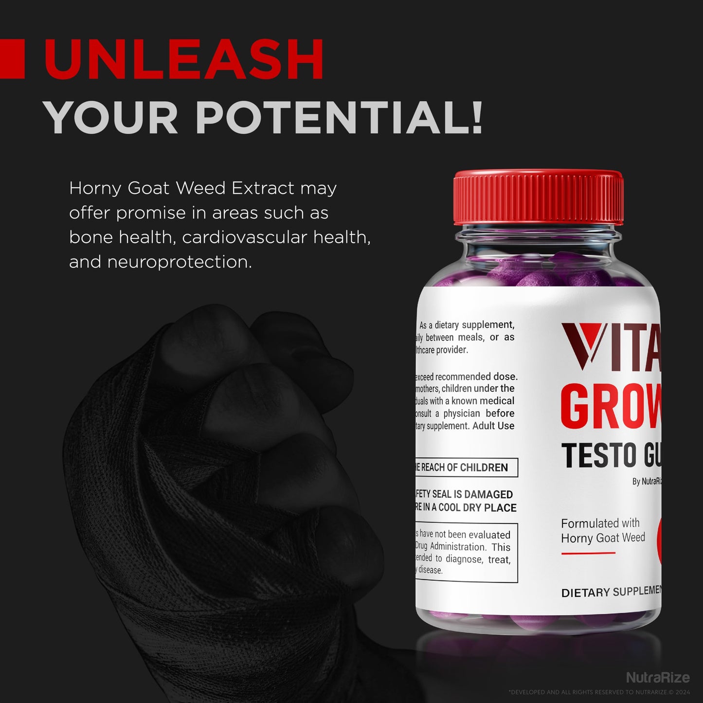 NutraRize Vital Grow XL Testo Gummies for Men, 180 Gummies