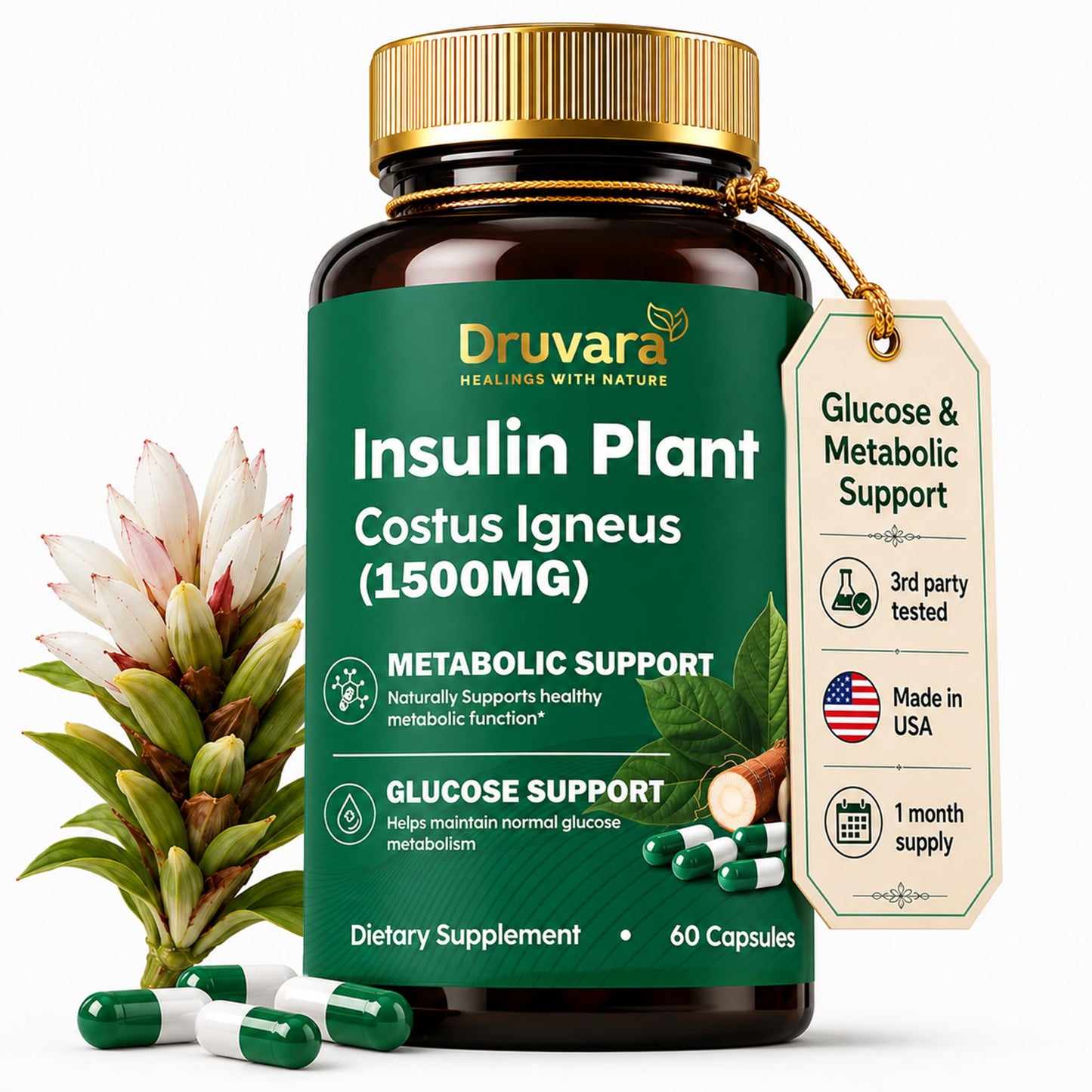 Druvara Insulin Plant Capsules (Costus Igneus), 60 Capsules