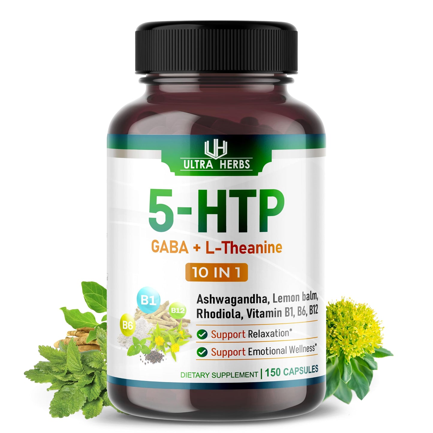 ULTRA HERBS 5-HTP with GABA, L-Theanine, Ashwagandha, Lemon Balm, Rhodiola, Vitamins B1, B6, B12 – 150 Vegetable Capsules
