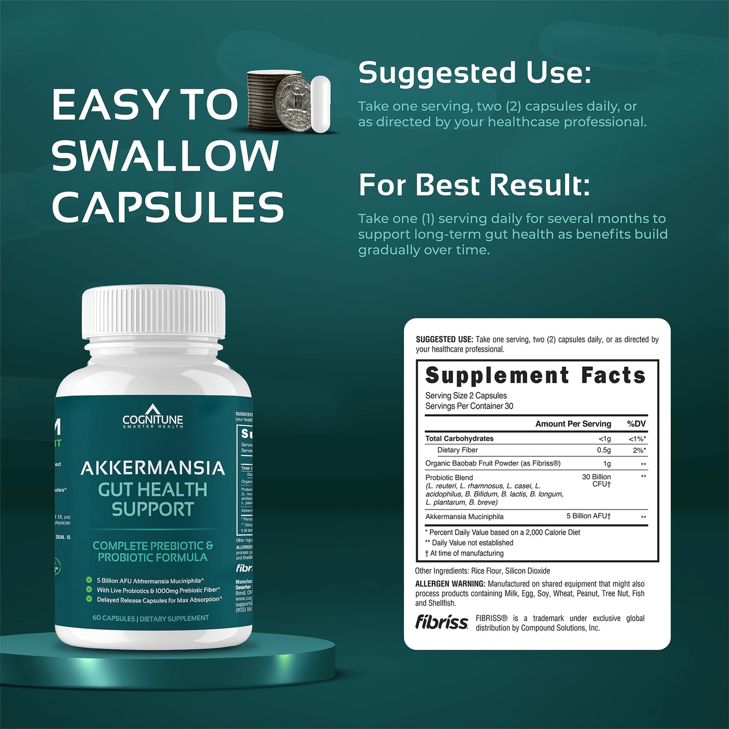 CogniTune Akkermansia Probiotic 5 Billion AFU & Prebiotic Fiber Capsules, 60 Count