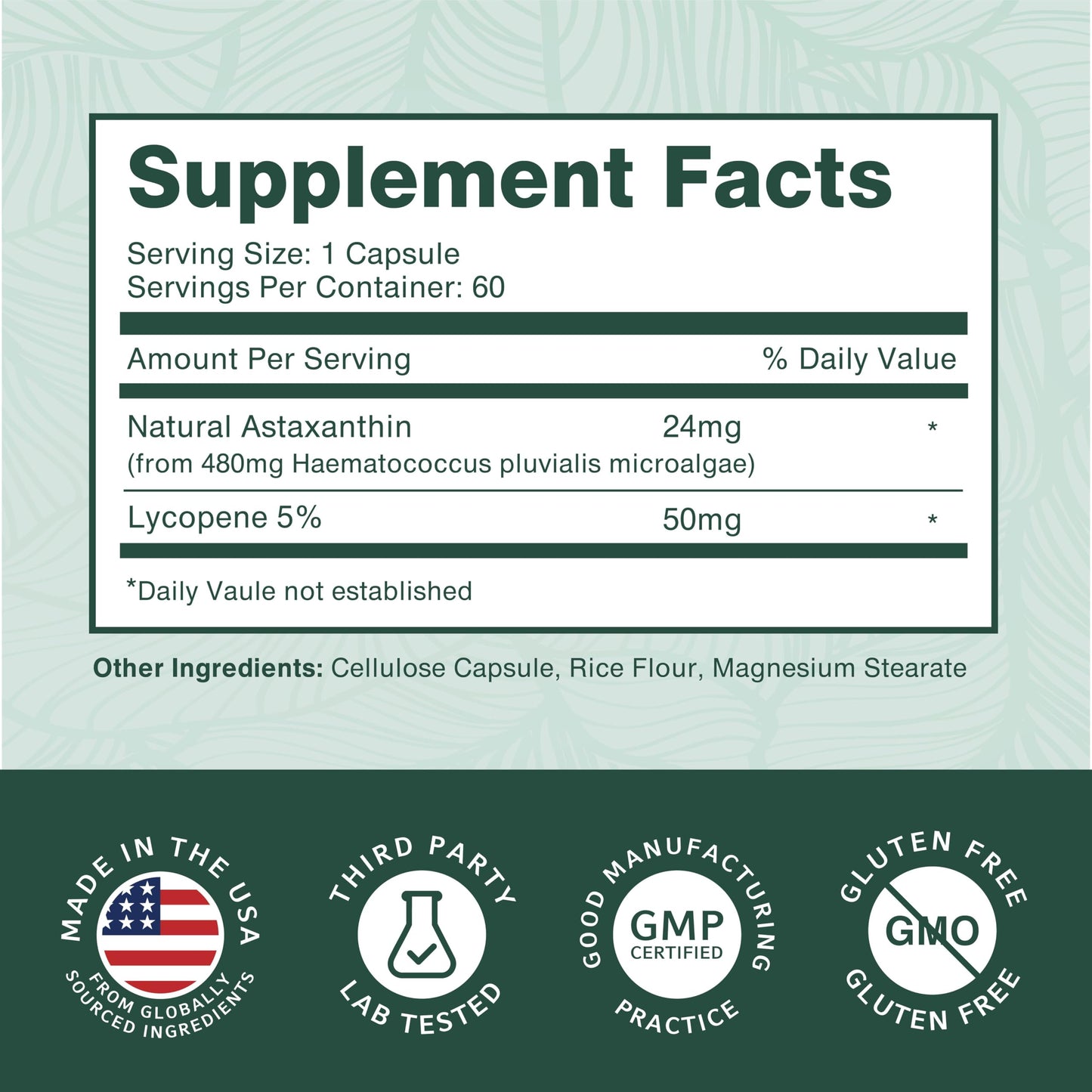 PurePremium Supplements Astaxanthin 24mg with Lycopene 50mg Softgel 60 Count