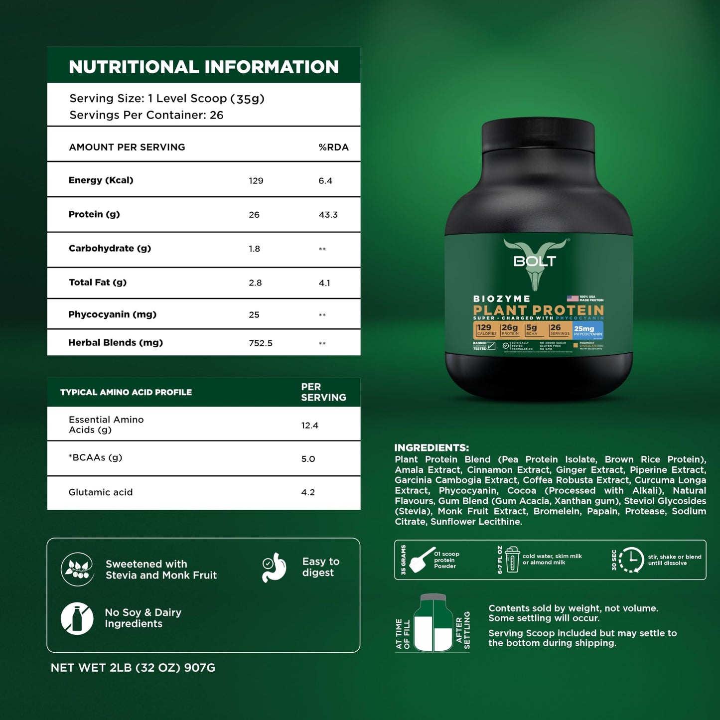 Bolt Nutrition Biozyme Plant Protein Powder, 2 lb, Piedmont Chocolate