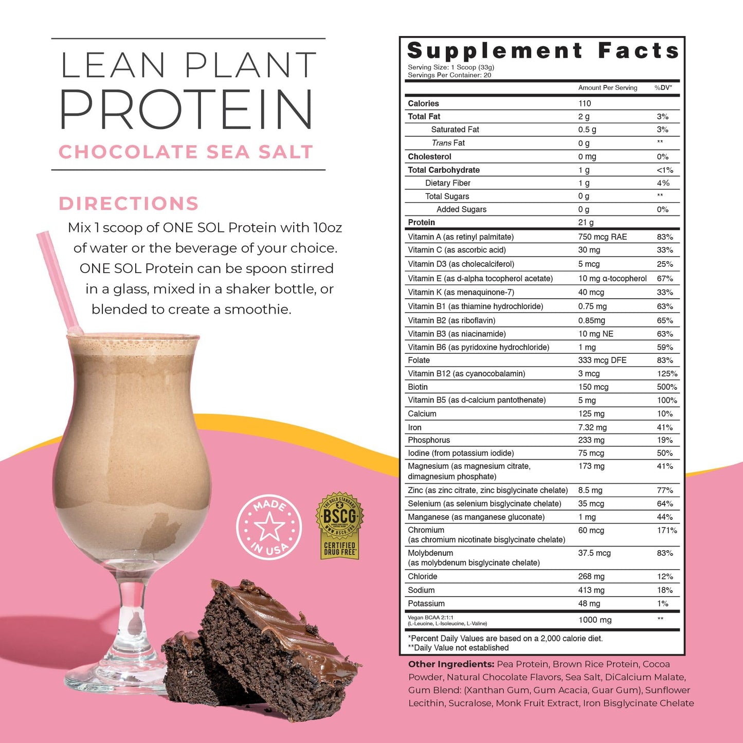 One Sol Lean Plant Protein Powder, Low Carb, Chocolate Sea Salt, 21.7288