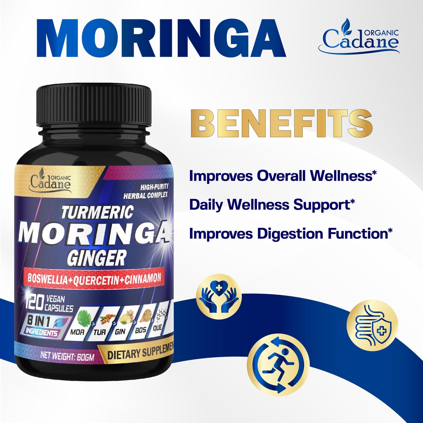 Organic Cadane Moringa Leaf Turmeric Ginger Supplement Capsules 120 Count