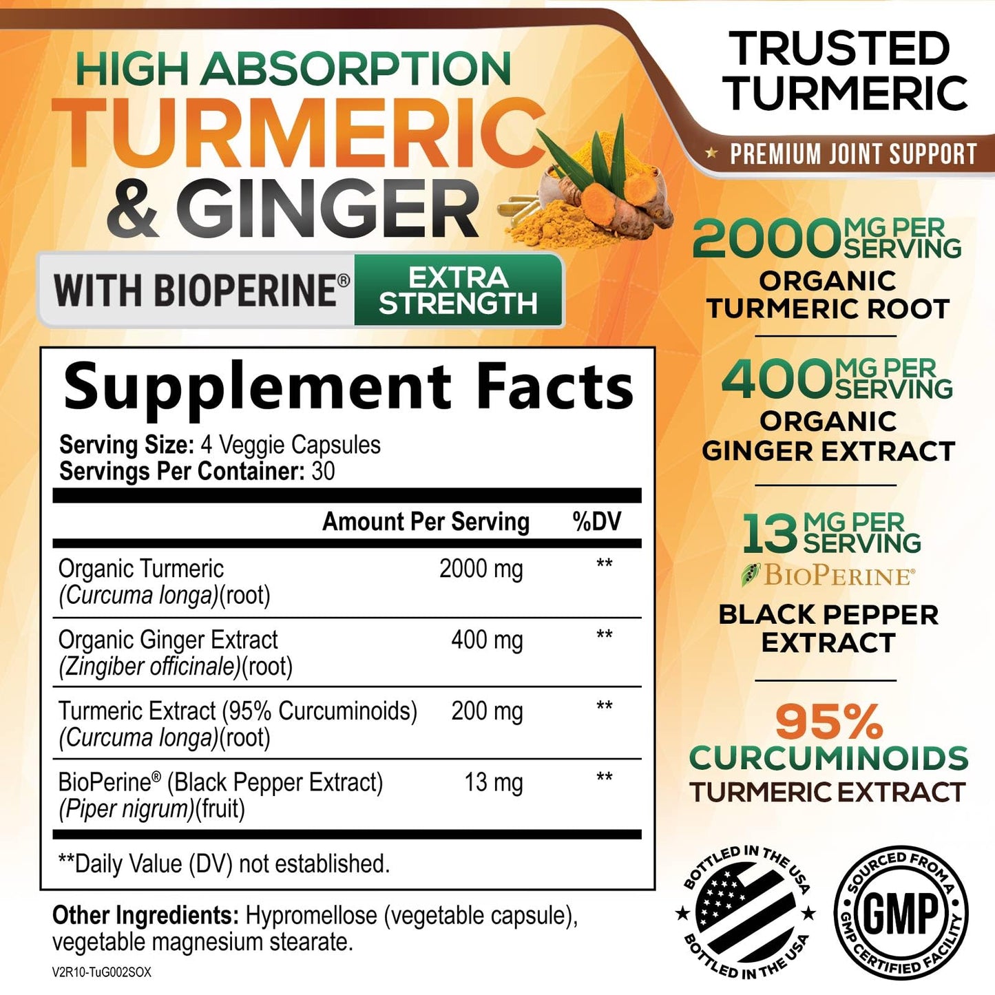 Nature's Nutrition Turmeric Curcumin Supplement - 2000mg Organic Turmeric Per Serving - 95% Curcuminoids, Ginger & BioPerine Black Pepper for Best Absorption - Natural Vegan Joint Support, Capsule, 120 Count