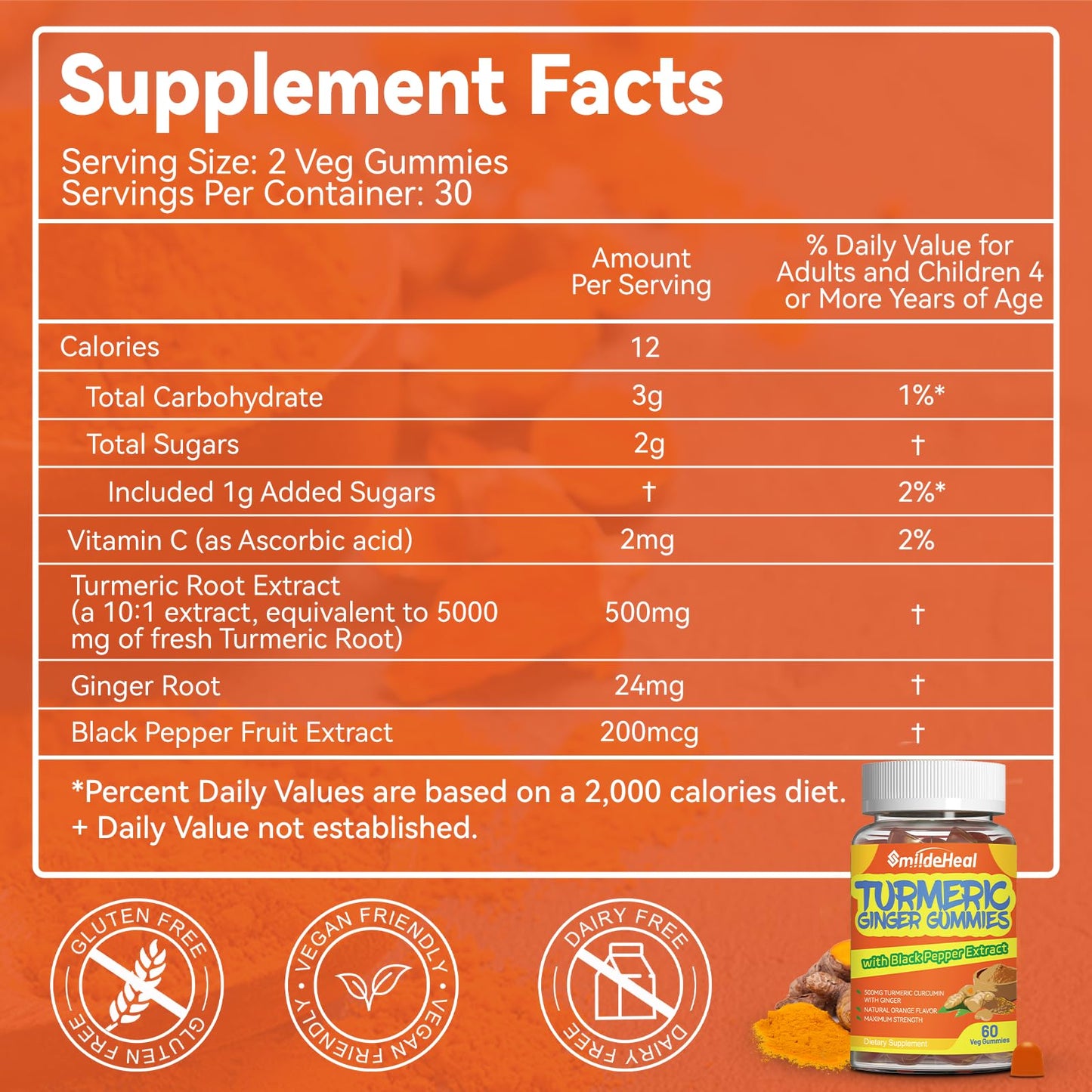 SmildeHeal Turmeric Curcumin Gummies 500mg with Turmeric Root Extract, 120 Gummies