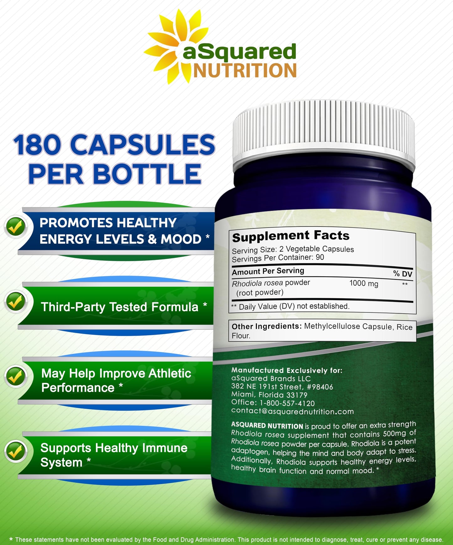 aSquared Nutrition Rhodiola Rosea Supplement 1000mg Per Serving Capsules, 180 Count