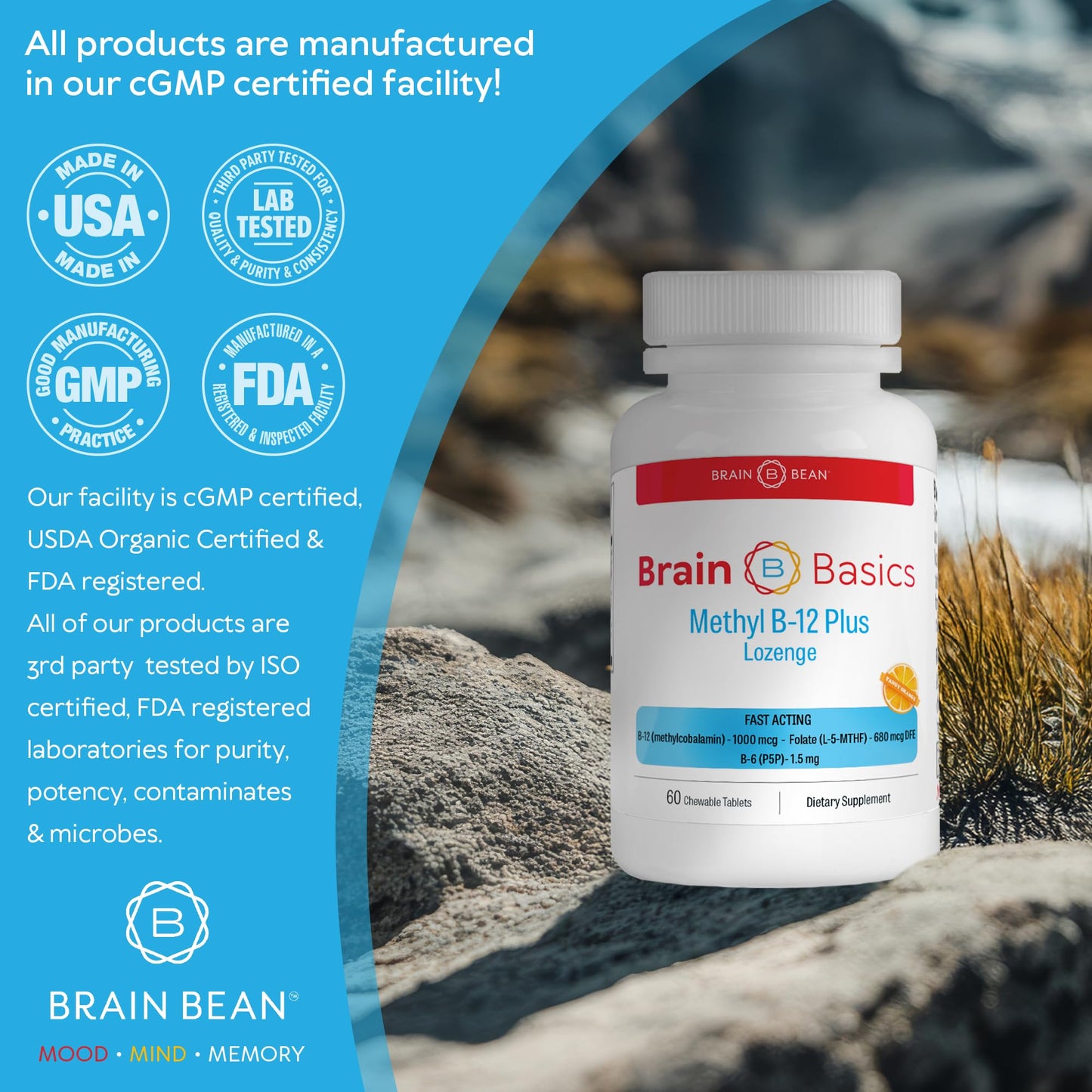 Brain Bean Extra Strength Methyl B-12 & Methyl Folate Tablet, 60 Tablets